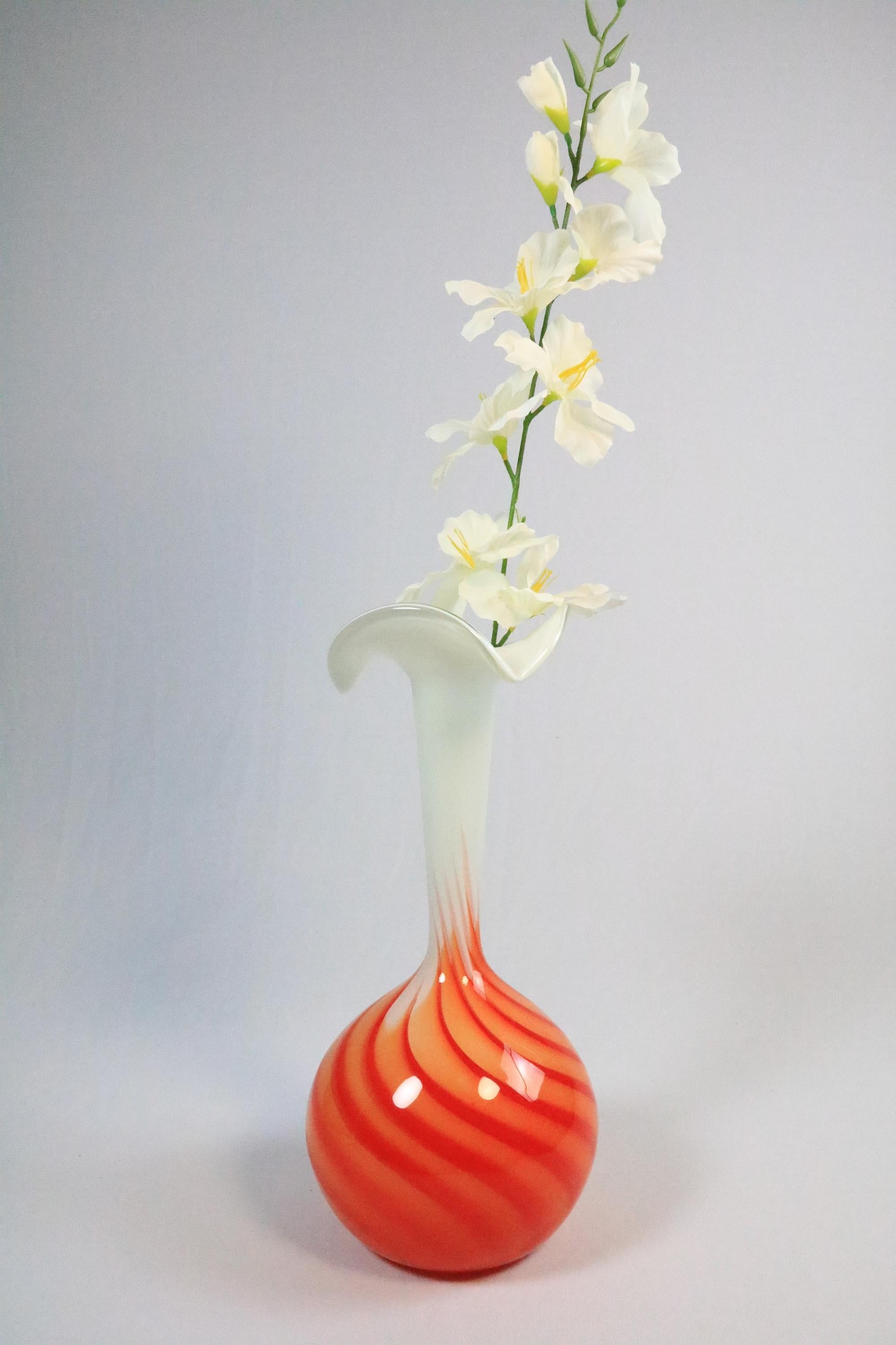 Large Murano Style Glass Vase, Orange White Swirl by Opaline Florence Italy, 70s For Sale 4