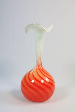 Large Murano Style Glass Vase, Orange White Swirl by Opaline Florence Italy, 70s