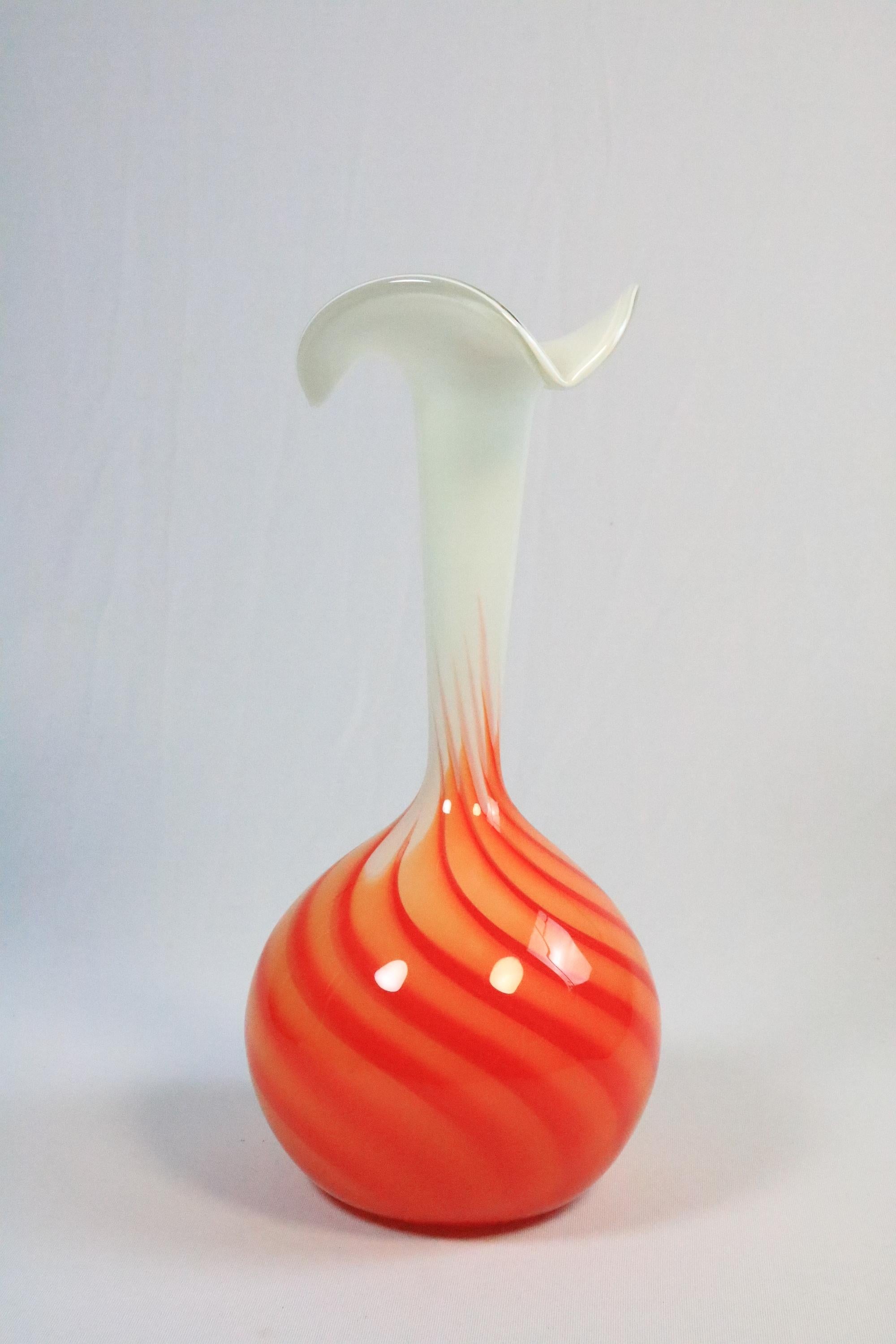 Mid-Century Modern Large Murano Style Glass Vase, Orange White Swirl by Opaline Florence Italy, 70s For Sale