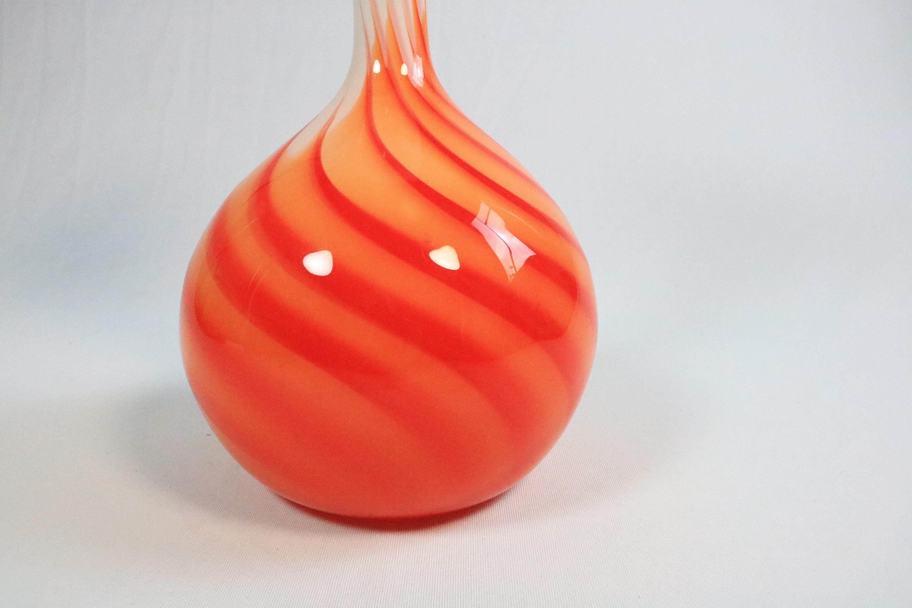 Italian Large Murano Style Glass Vase, Orange White Swirl by Opaline Florence Italy, 70s For Sale