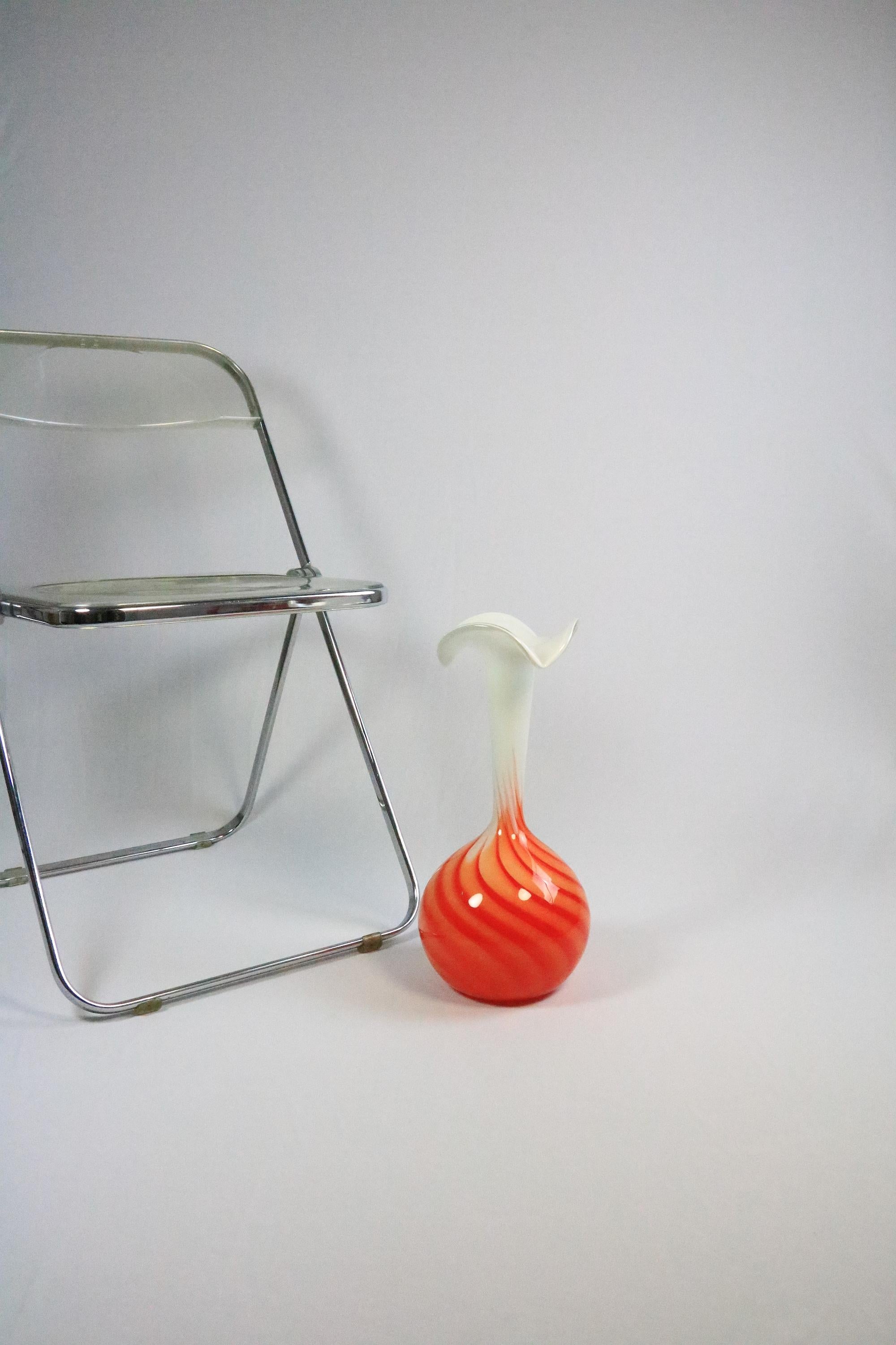Large Murano Style Glass Vase, Orange White Swirl by Opaline Florence Italy, 70s For Sale 1
