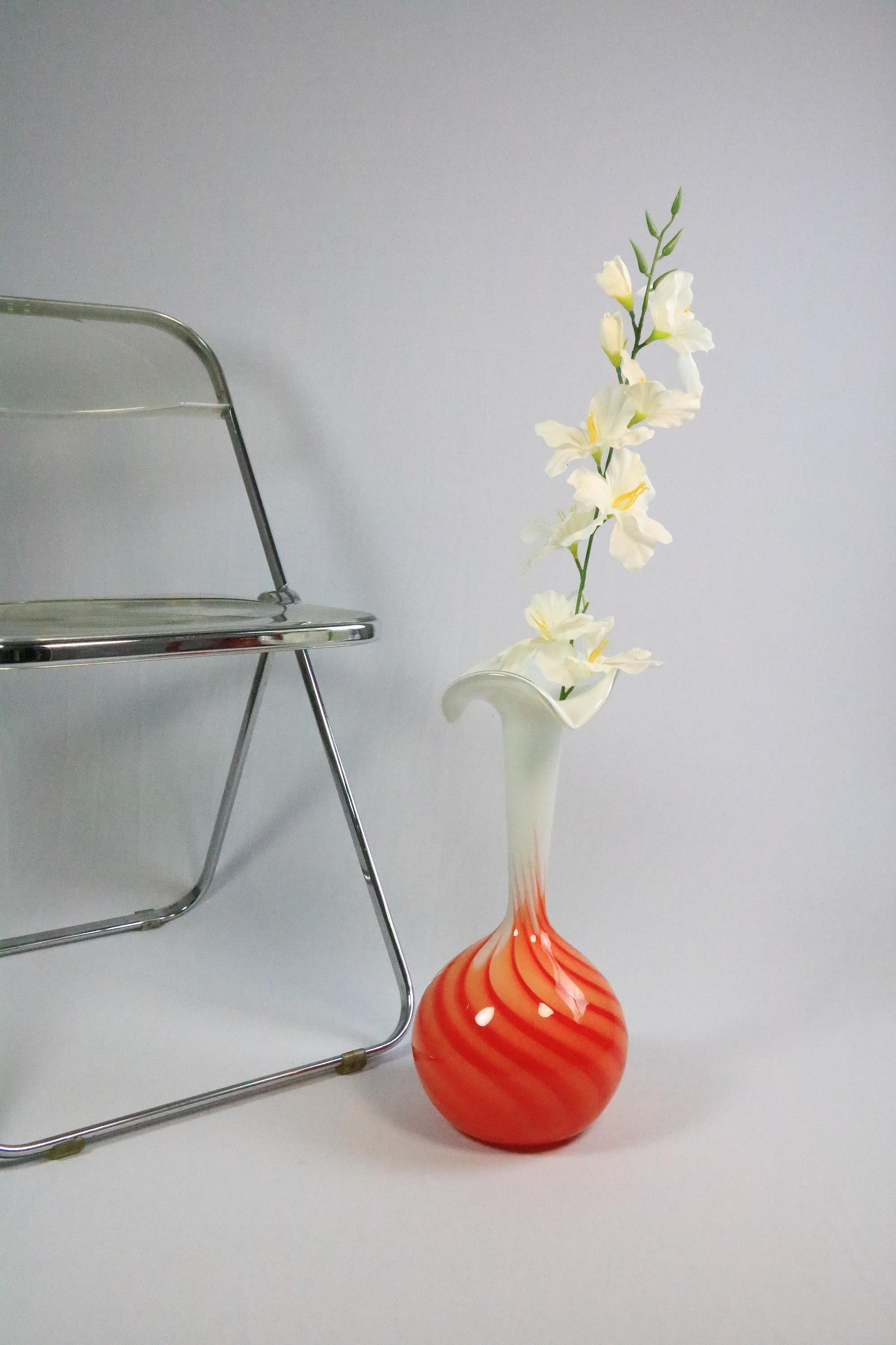 Large Murano Style Glass Vase, Orange White Swirl by Opaline Florence Italy, 70s For Sale 2