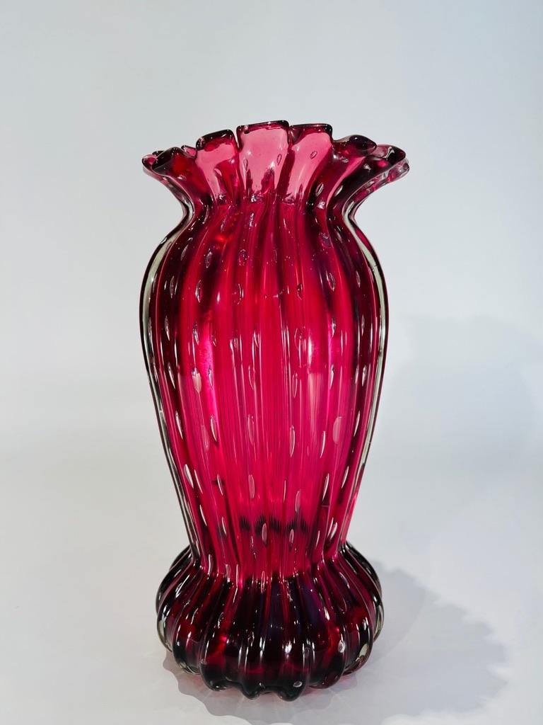 Incredible and large red Murano glass vase with bubbles inside circa 1950.