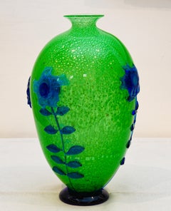 Large Murano Glass Vase with Fused Glass Stem Flowers by Franco Moretti