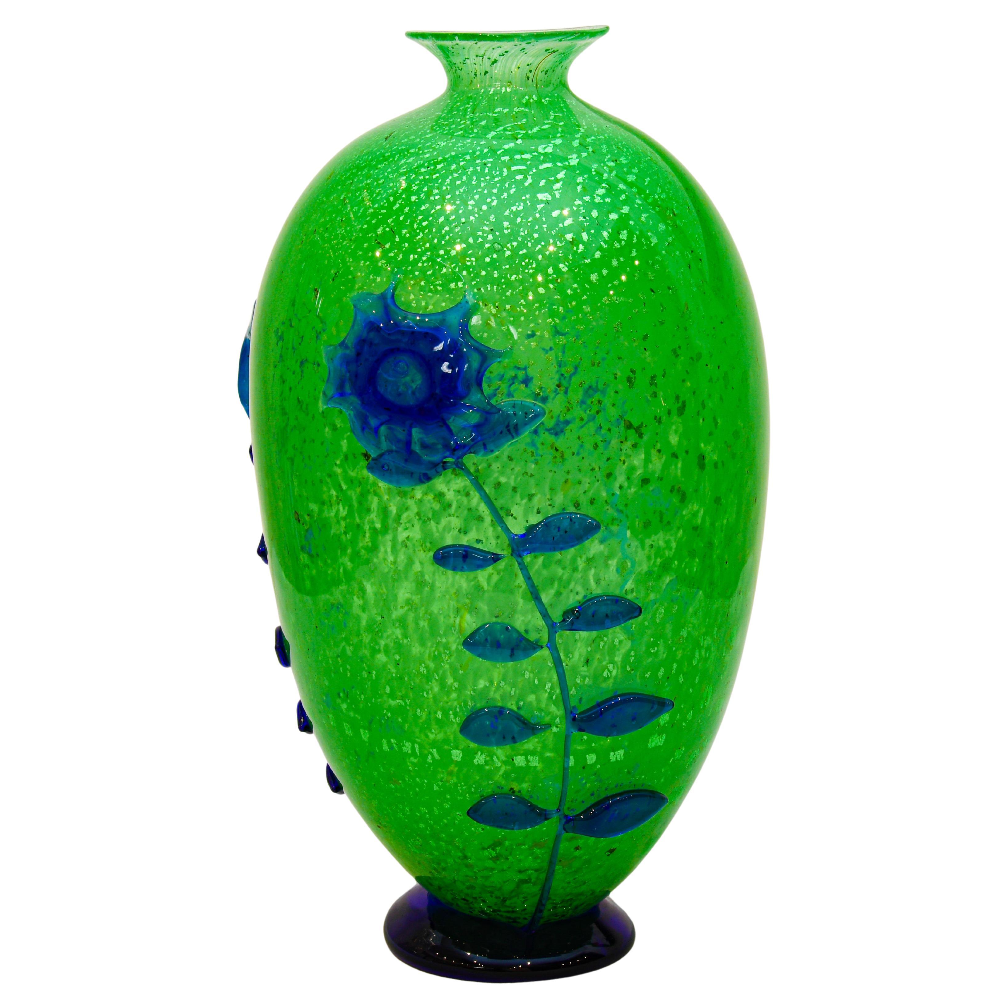 Large Murano Glass Vase with Fused Glass Stem Flowers by Franco Moretti im Angebot