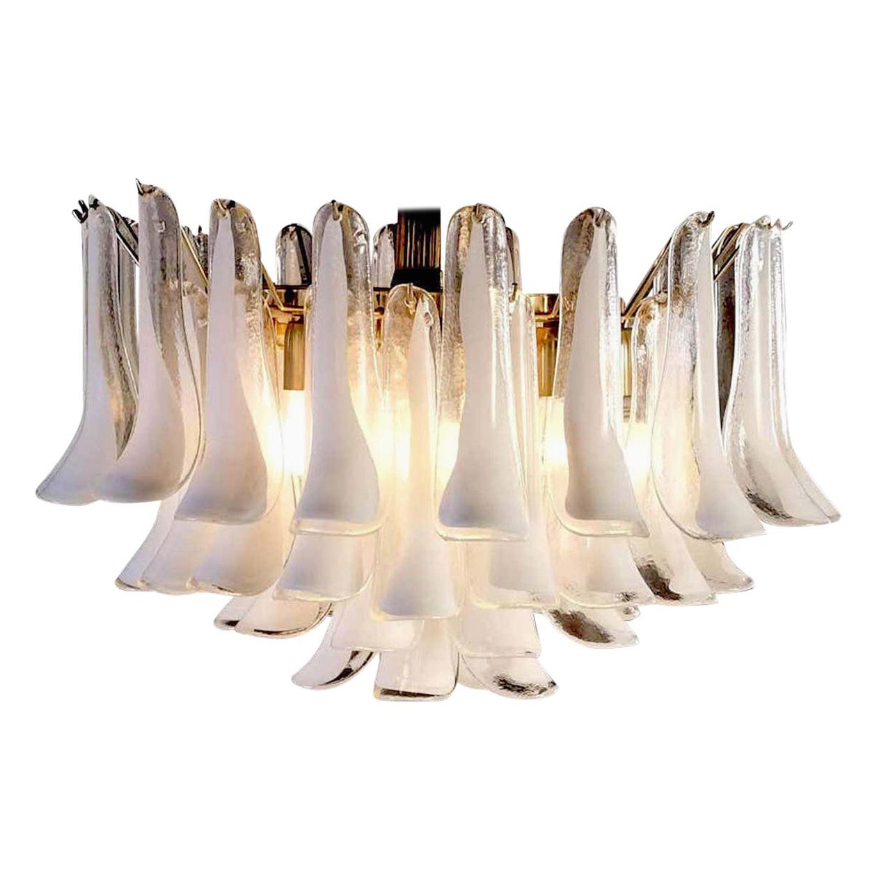 Amazing chandelier with 49 petals white hand blown glass by Murano.

Measures: height with chain cm 80, (31.5 in.) without chain cm54 (21 in.) diameter cm 65 (25.6 in.)
Five E27 light bulbs.
Variations are available on request. (Size, finishes,