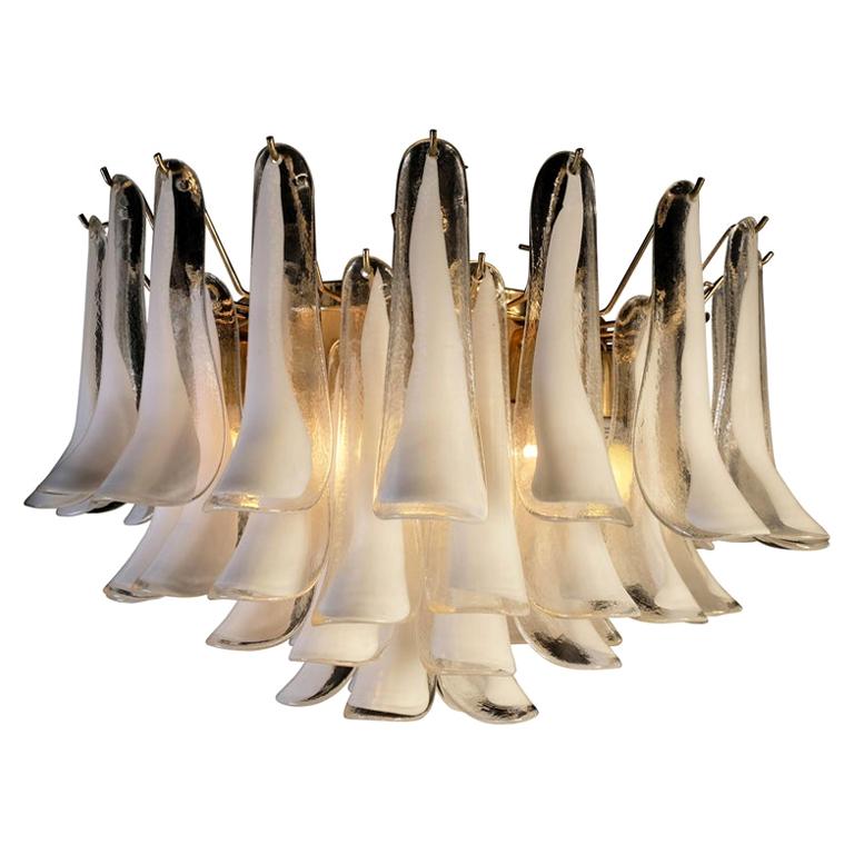 Brass Large Murano Glass White Petals Chandelier For Sale