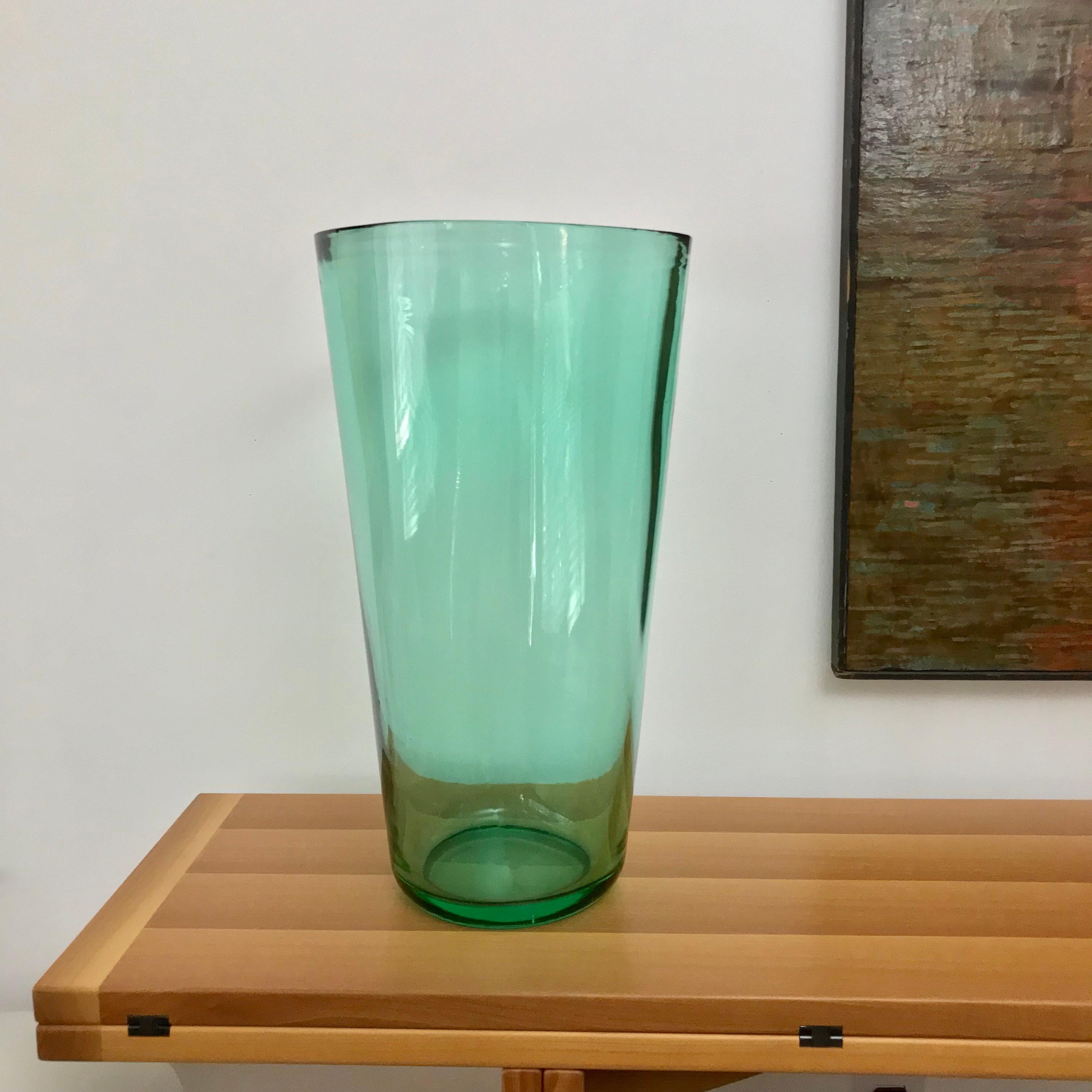 Italian Large Murano Green Glass Vase Designed by Karl Springer, Signed For Sale