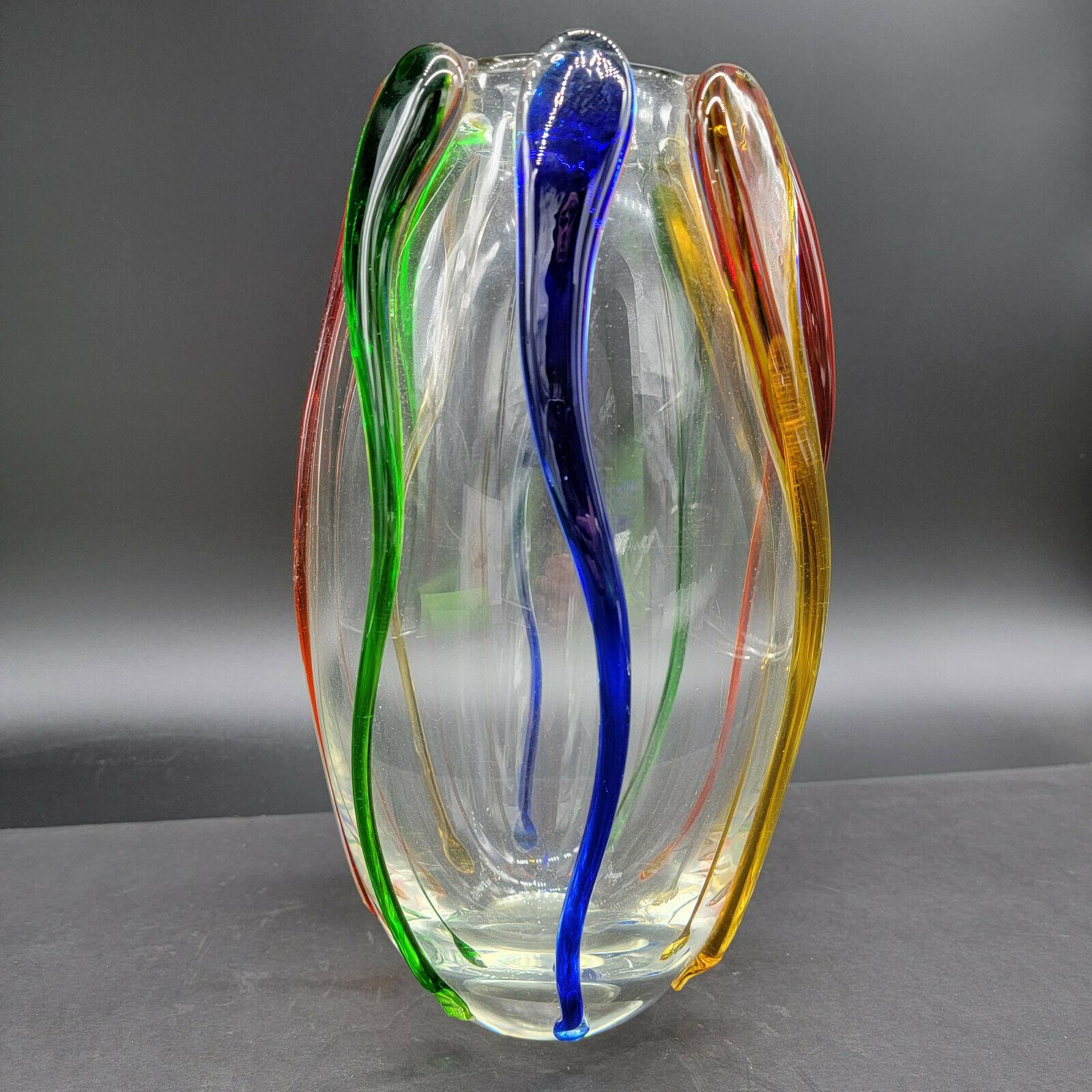 Beautifully Designed! Large Hand Blown Murano Art Glass Vase. Abstract Studio Style. Clear with Beautiful applied Multi-colored Raised Flowing Glass Designs. Measuring approximately 11.5” tall x 6.5” wide. Top quality Handcrafted Art Glass Sculpture