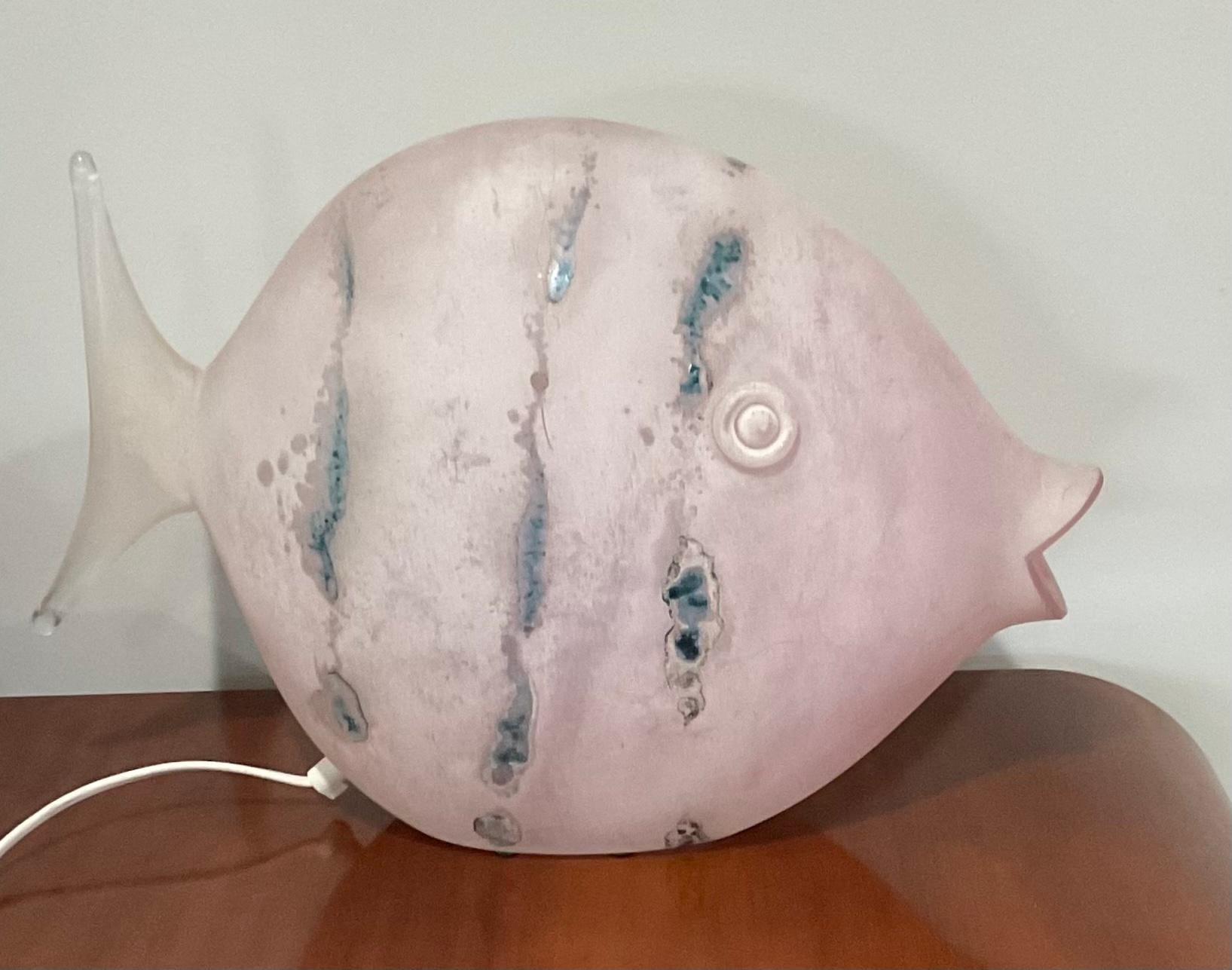 Mid-Century Modern Large Murano Hand Blown Glass Scavo Fish Figural Lamp with Irredescent Finish For Sale