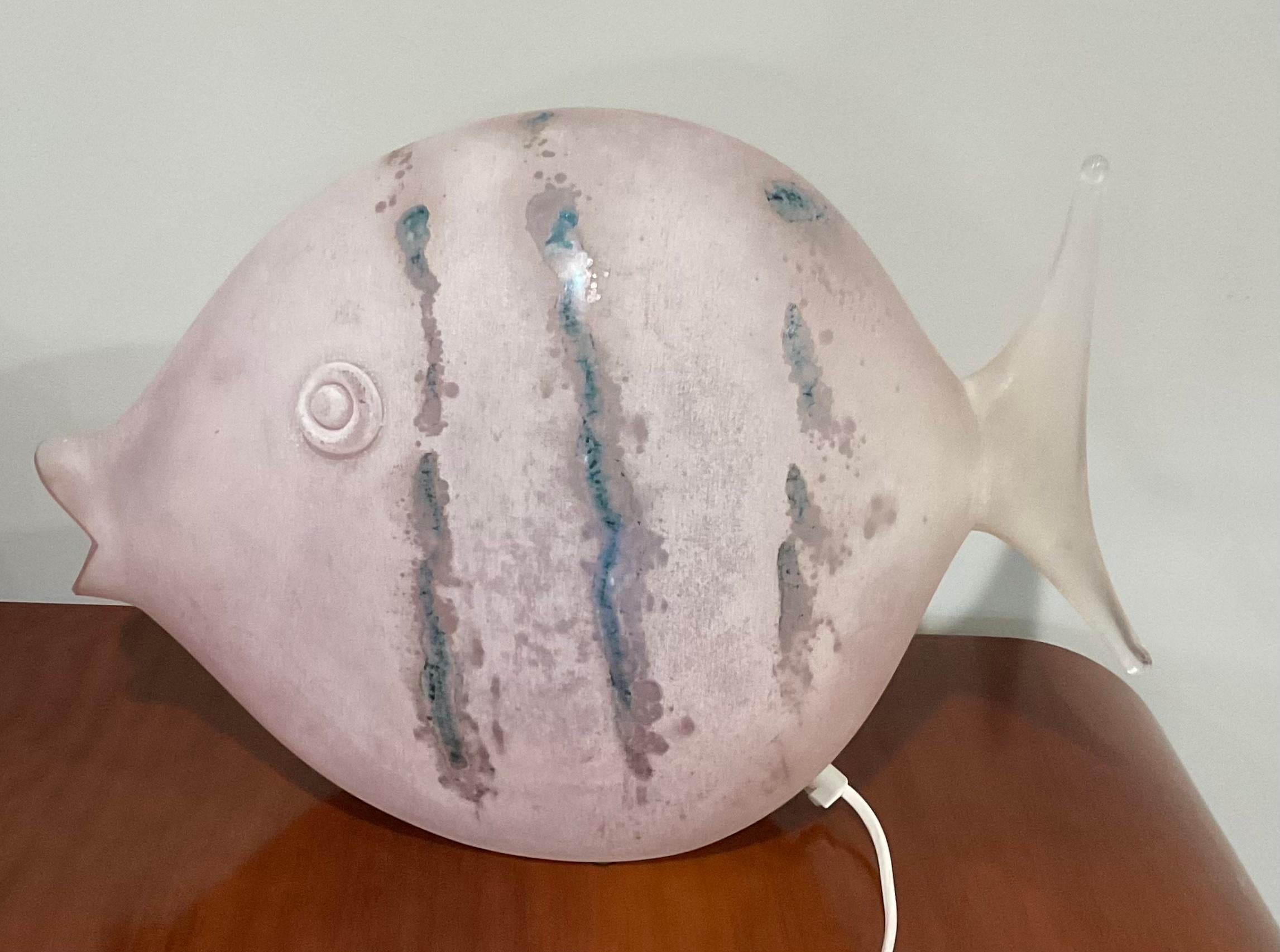 Italian Large Murano Hand Blown Glass Scavo Fish Figural Lamp with Irredescent Finish
