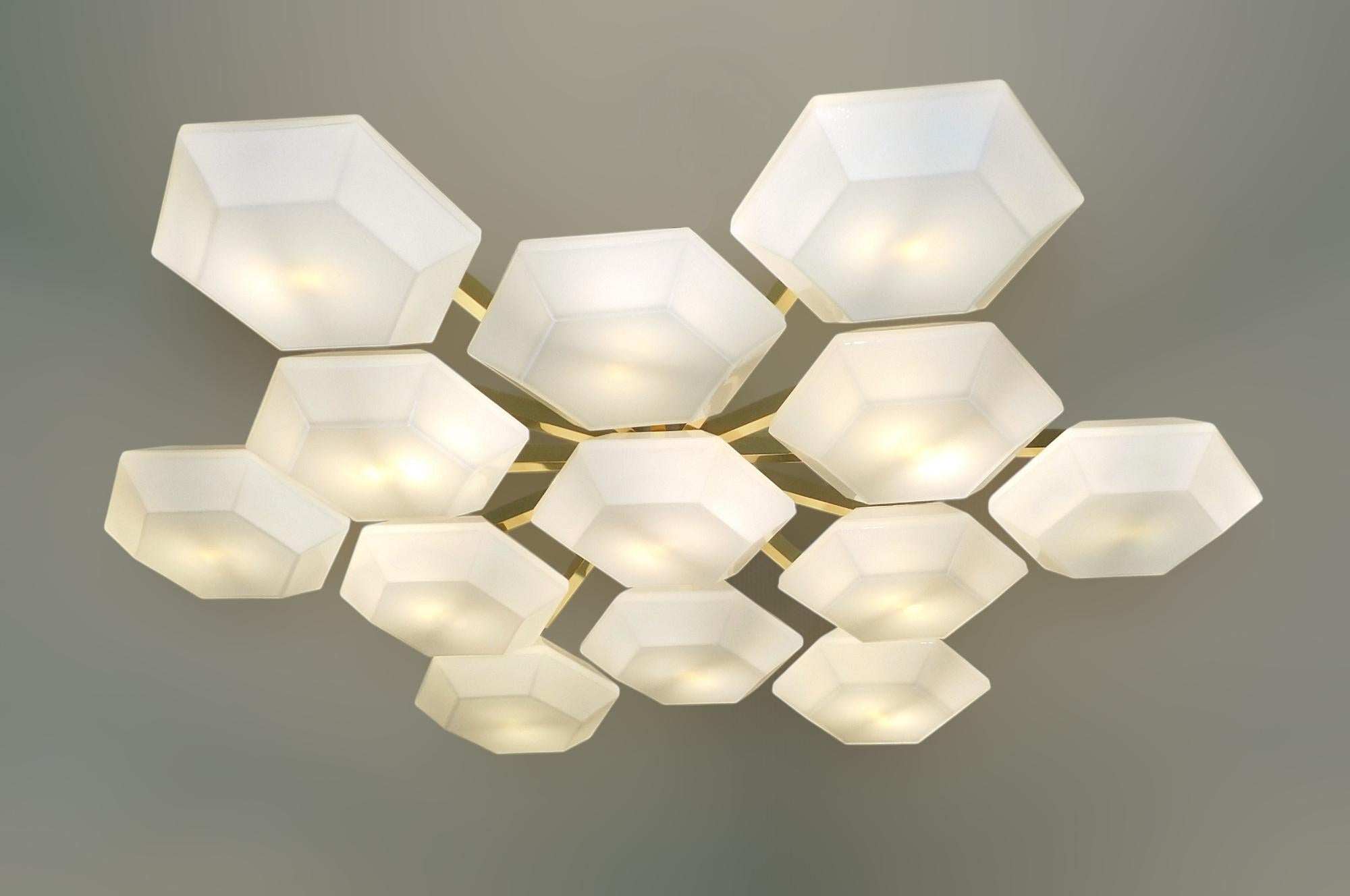 Large Murano Hexagonal Glass Flush Mount, 2 Available In Excellent Condition For Sale In Los Angeles, CA