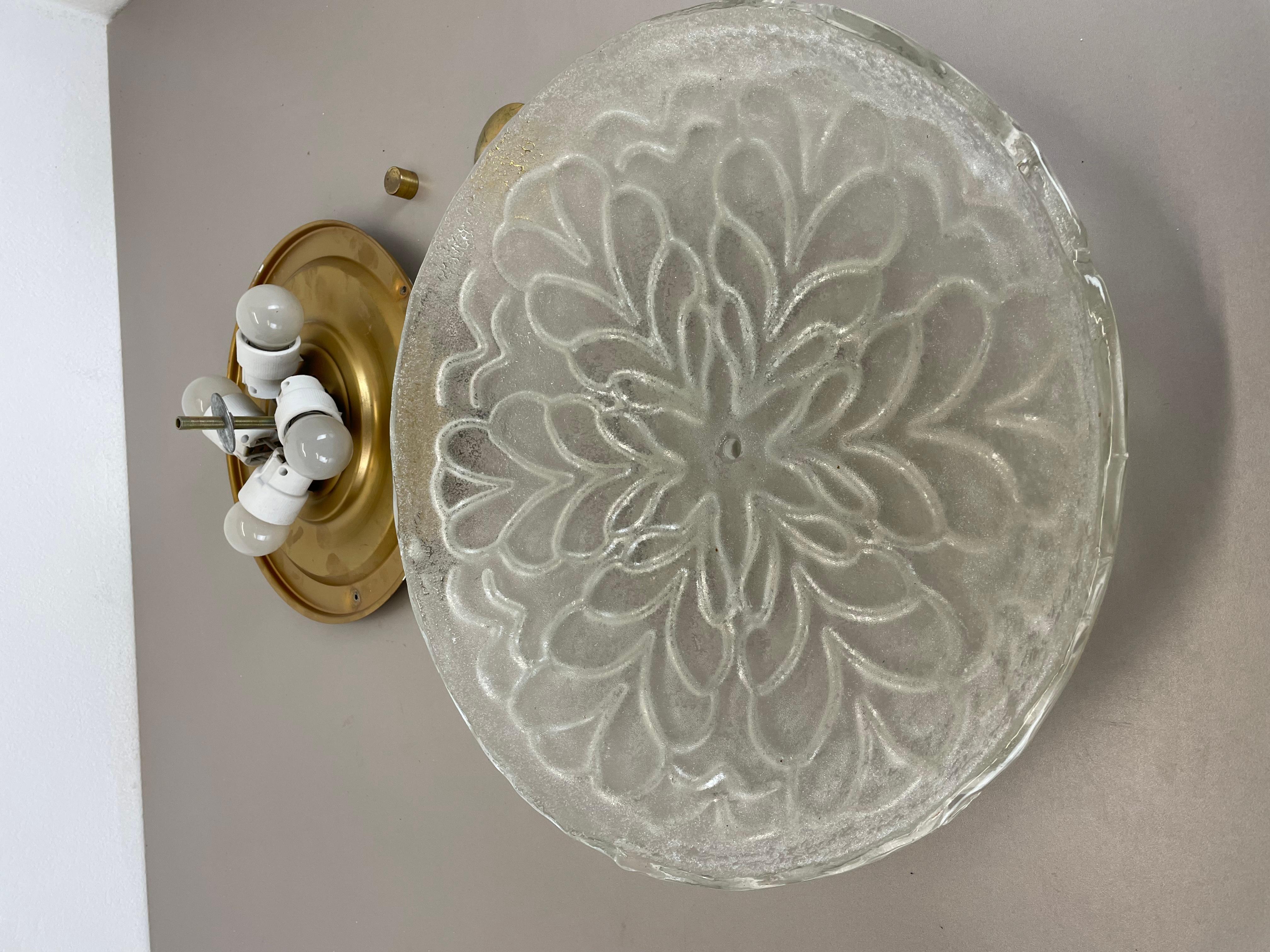 Large Murano Ice Glass Ceiling Light Flushmount Wall Light Kalmar Style, 1970s For Sale 10