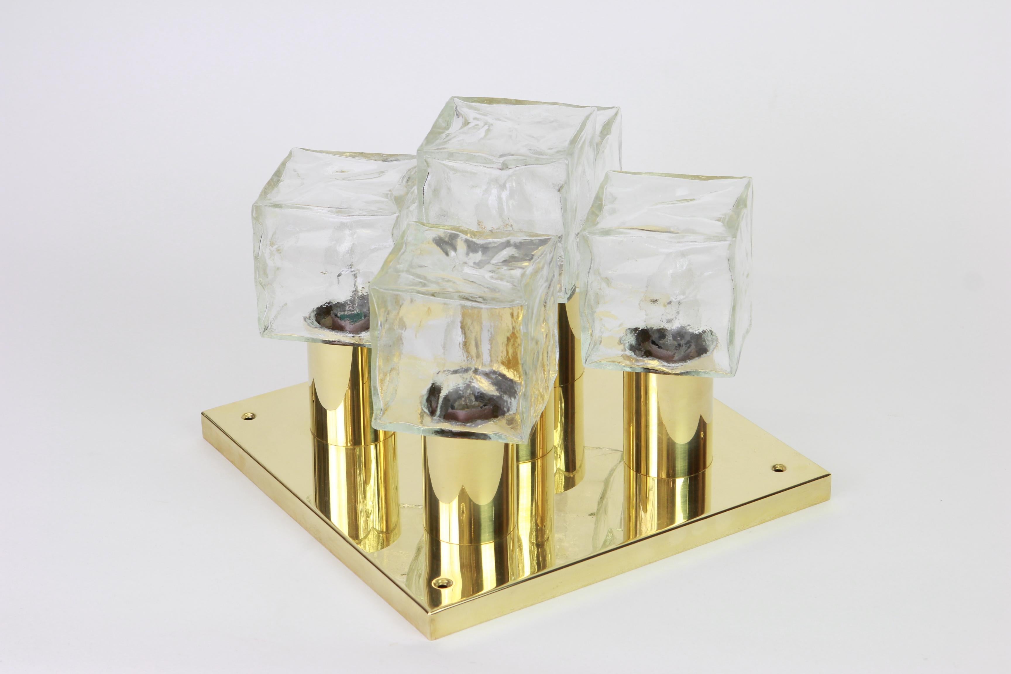 Brass Large Murano Ice Glass Flush Mount by Kalmar, Austria, 1960s