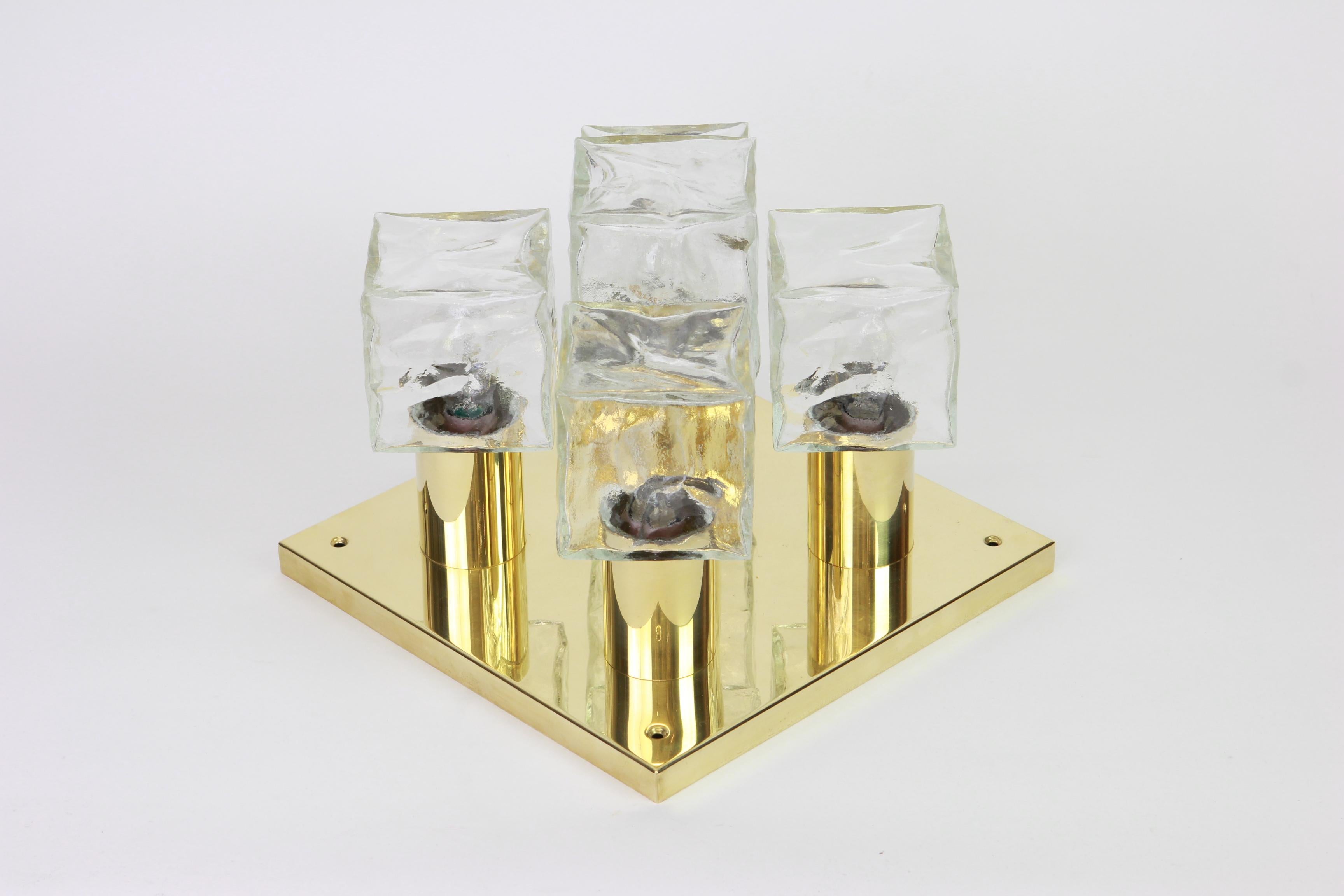 Brass Large Murano Ice Glass Flush Mount by Kalmar, Austria, 1960s For Sale