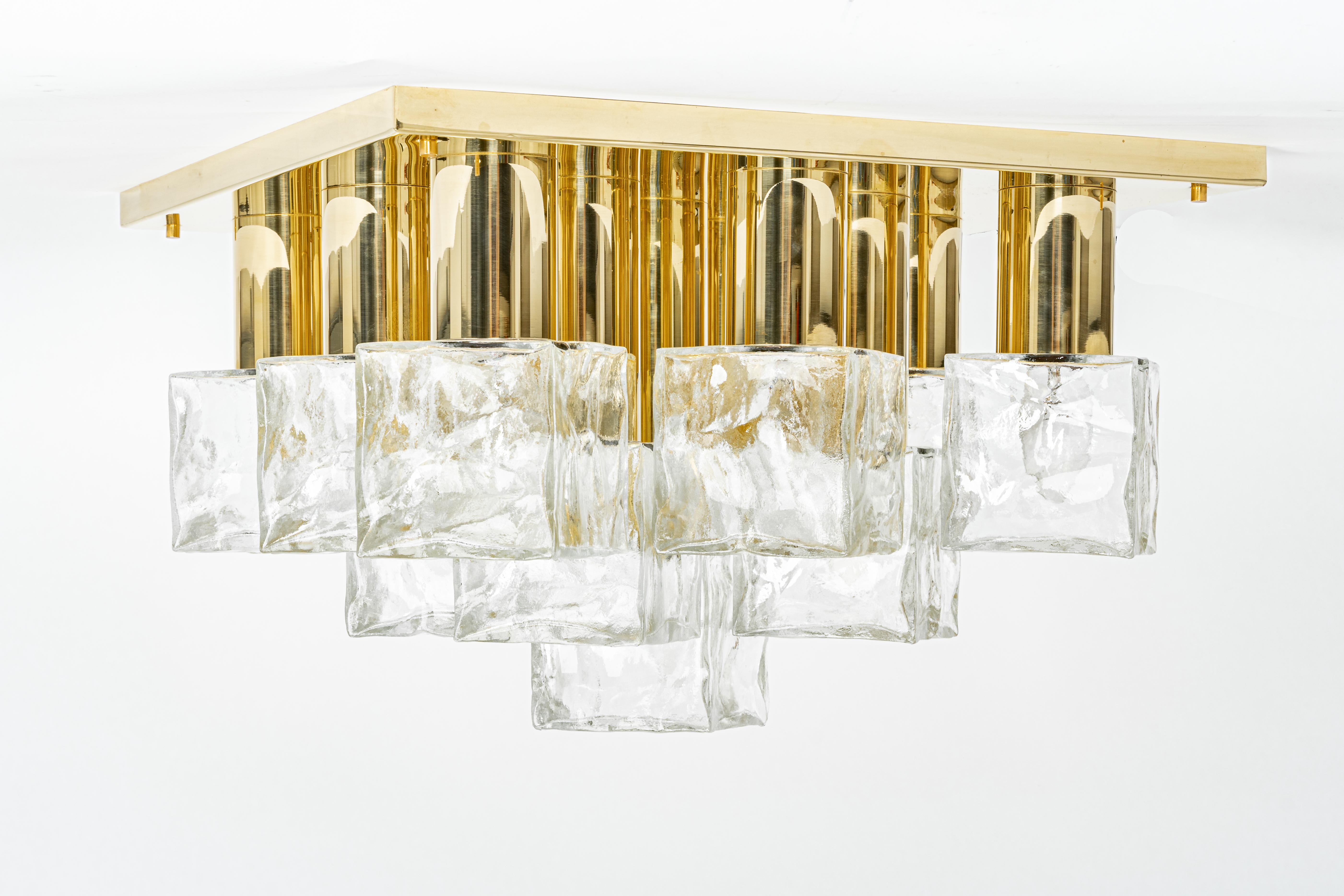 Brass 1 of 2 Large Murano Ice Glass Flushmount by Kalmar, Austria, 1960s For Sale