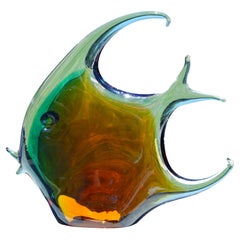 Large Murano Italy Art Glass Fish Sculpture Vetri Italian Amber Teal Clear