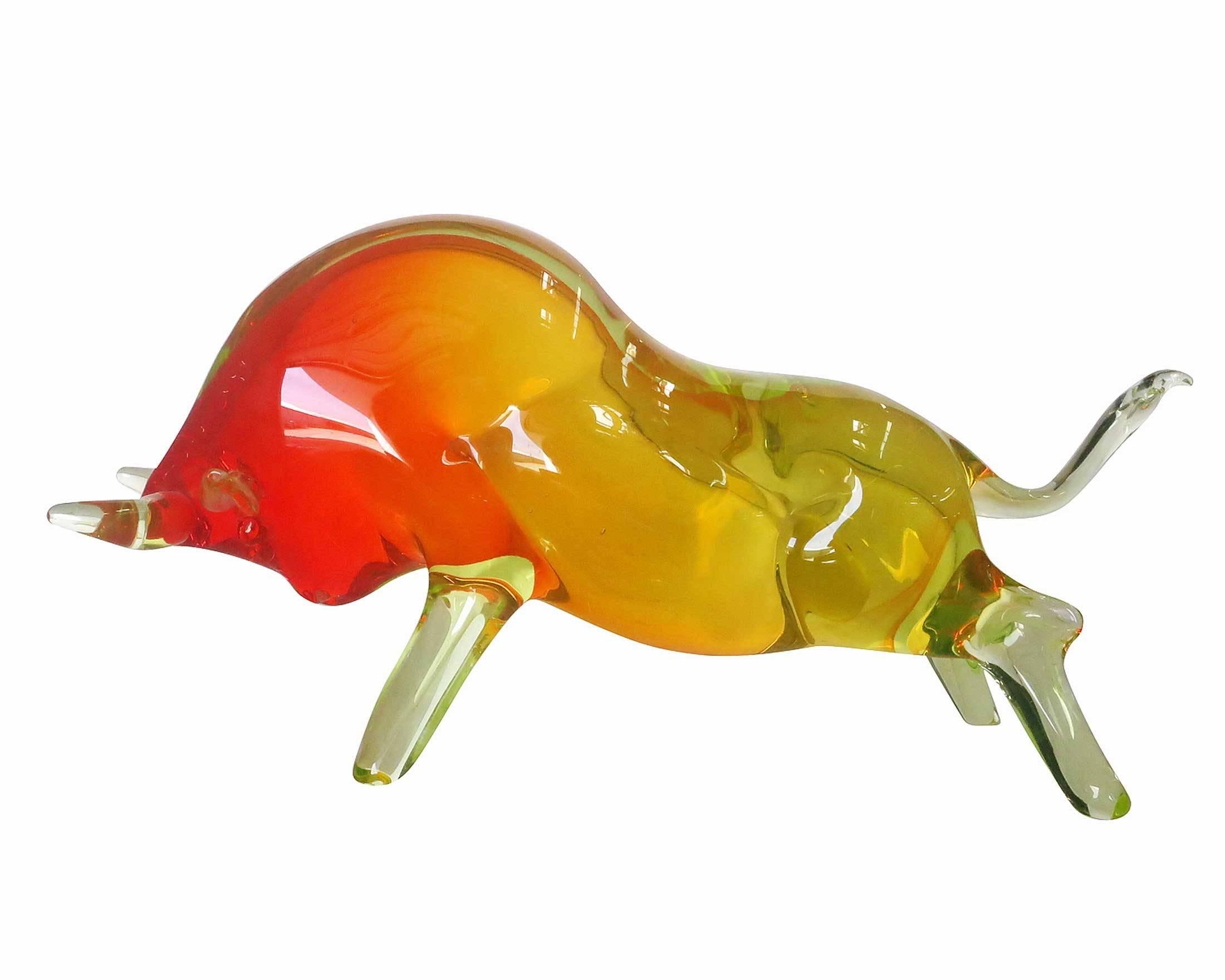 Large circa 1960 multicolored Murano glass bull sculpture in the Sommerso technique.
Bull has an internal crack mark near front leg. 

Signed with a foil tag reading 