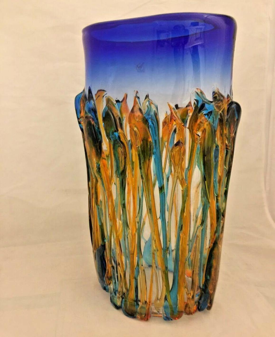 Post-Modern Large Murano Oceanos Abstract Multi-Color Art Glass Vase Signed Vetro Artistico For Sale