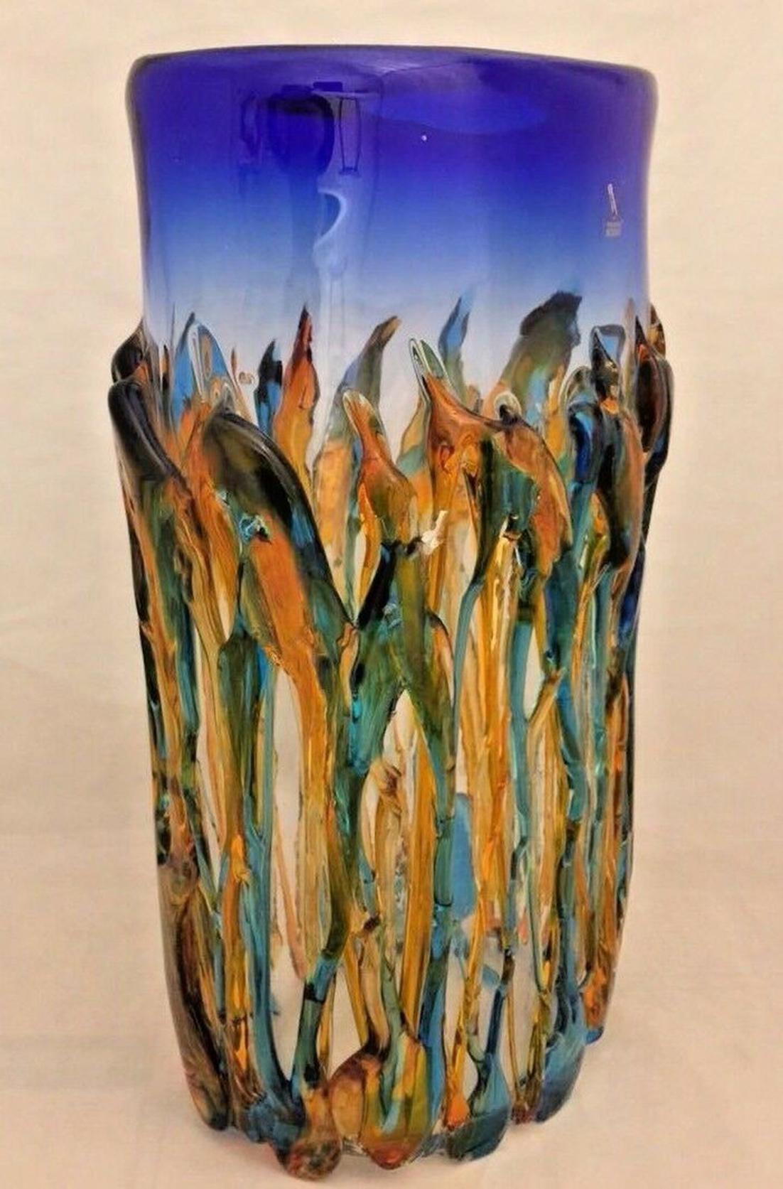 Italian Large Murano Oceanos Abstract Multi-Color Art Glass Vase Signed Vetro Artistico For Sale