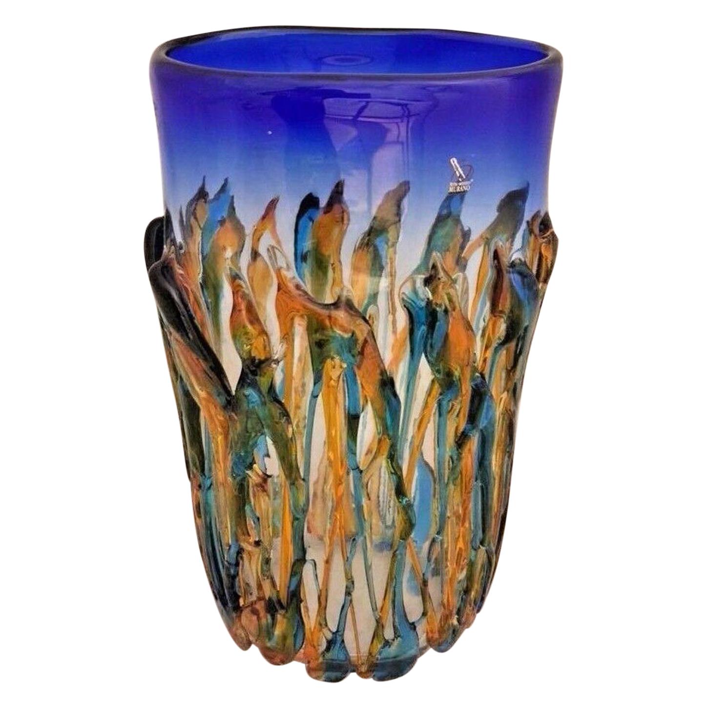 Large Murano Oceanos Abstract Multi-Color Art Glass Vase Signed Vetro Artistico For Sale