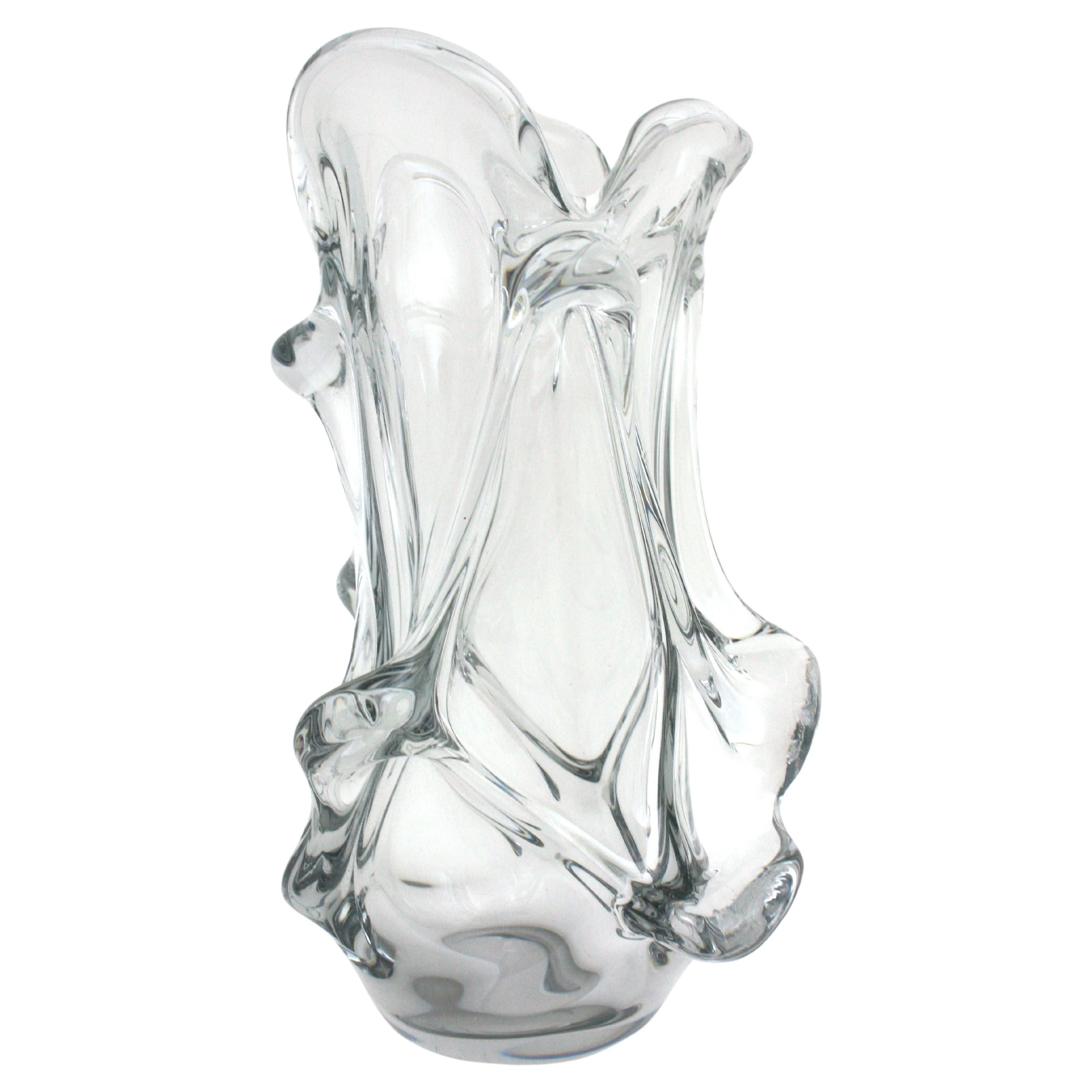 Mid-Century Modern Large Murano Organic Shaped Vase in Clear Glass, 1950s For Sale