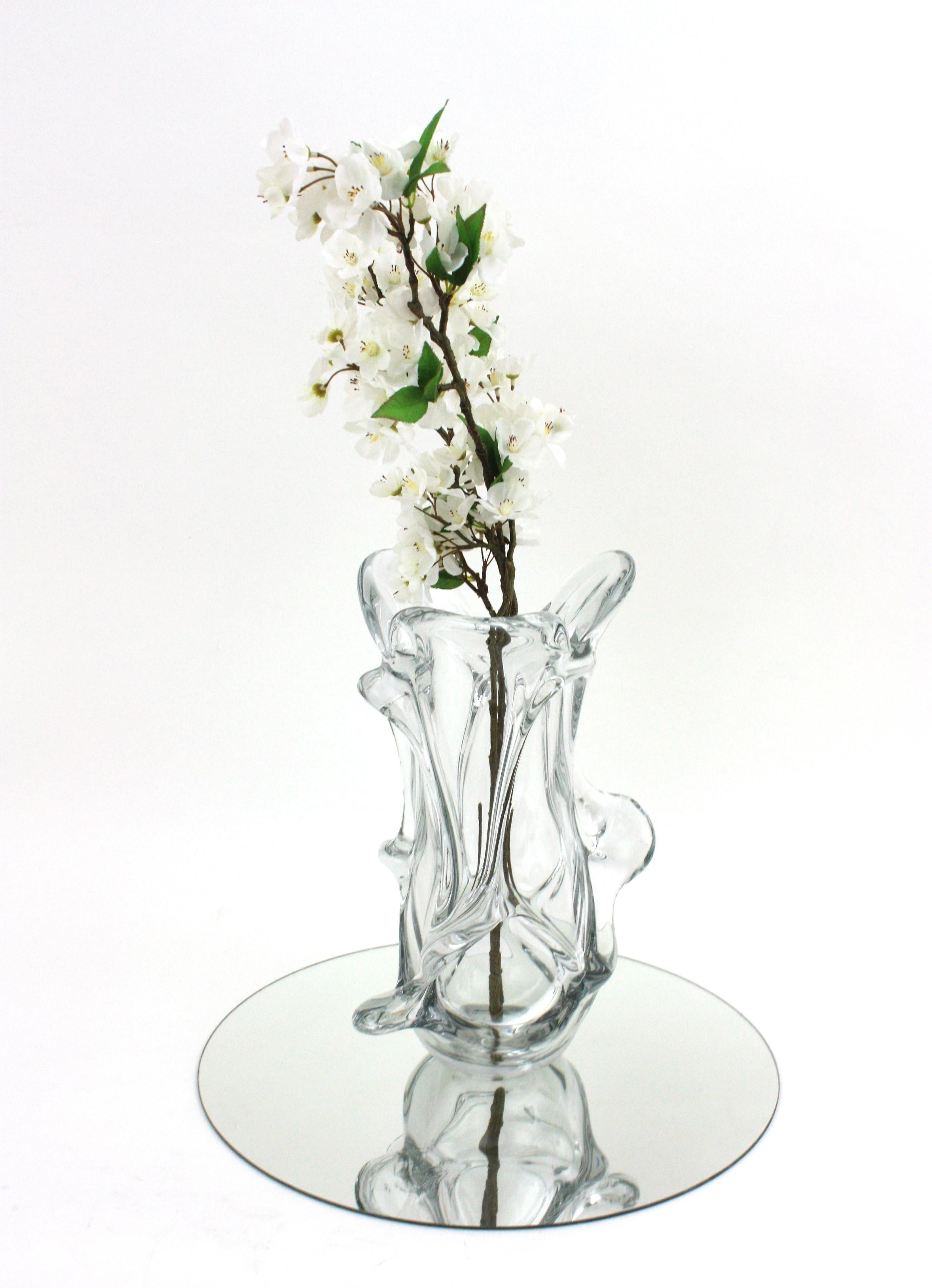 Italian Large Murano Organic Shaped Vase in Clear Glass, 1950s For Sale