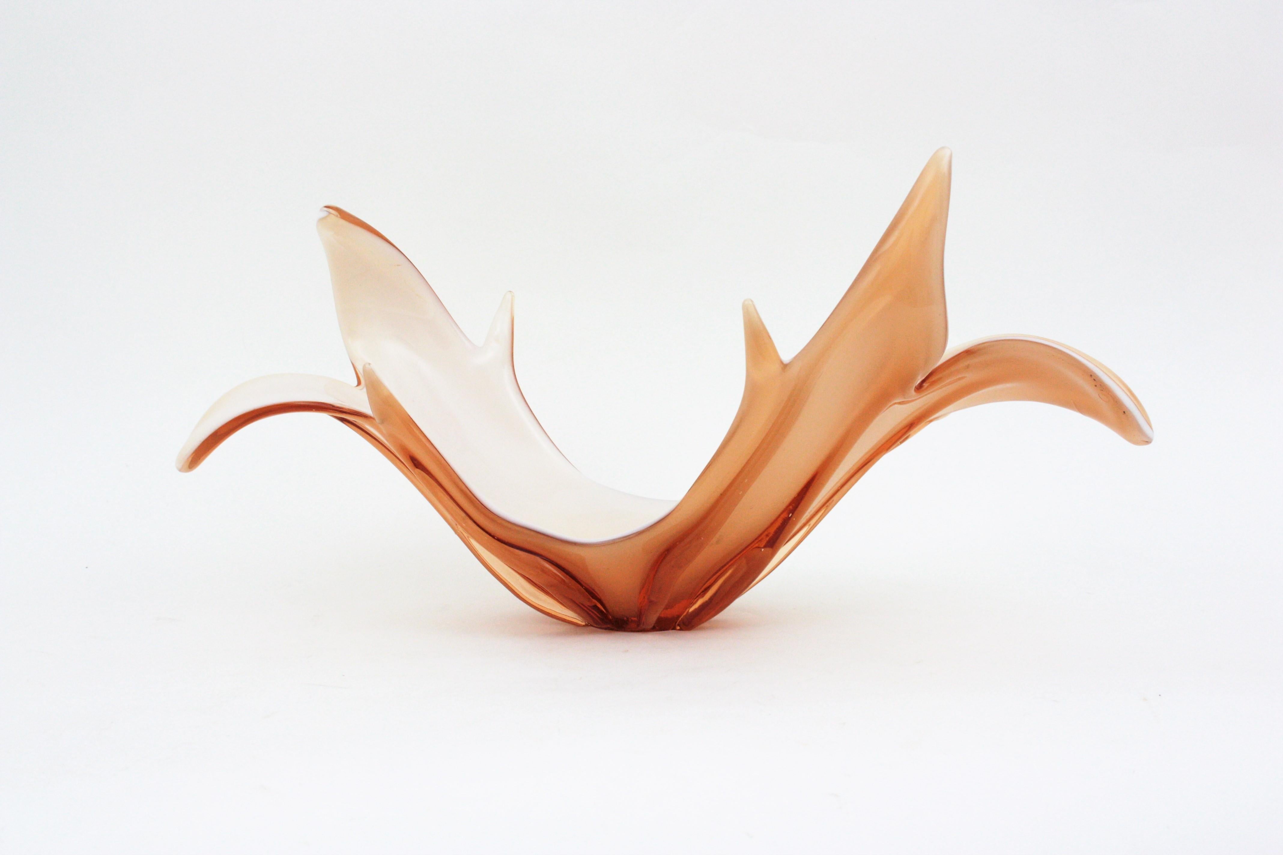 Hand-Crafted Large Murano Peach White Italian Art Glass Centerpiece Vase Organic Design For Sale