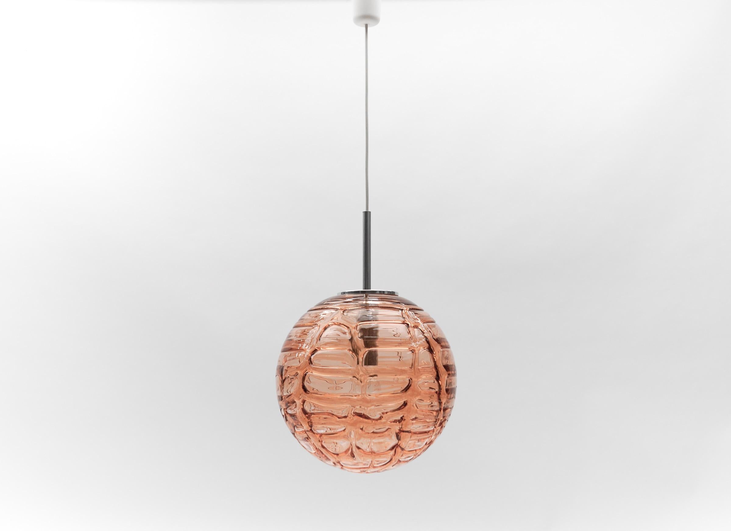 Large Lovely Pink Murano Glass Ball Pendant Lamp by Doria,  1960s Germany 

Dimensions
Diameter: 13.38 in. (34 cm)
Height: 39.37 in. (100 cm)

One E27 socket. Works with 220V and 110V.

Our lamps are checked, cleaned and are suitable for use in the