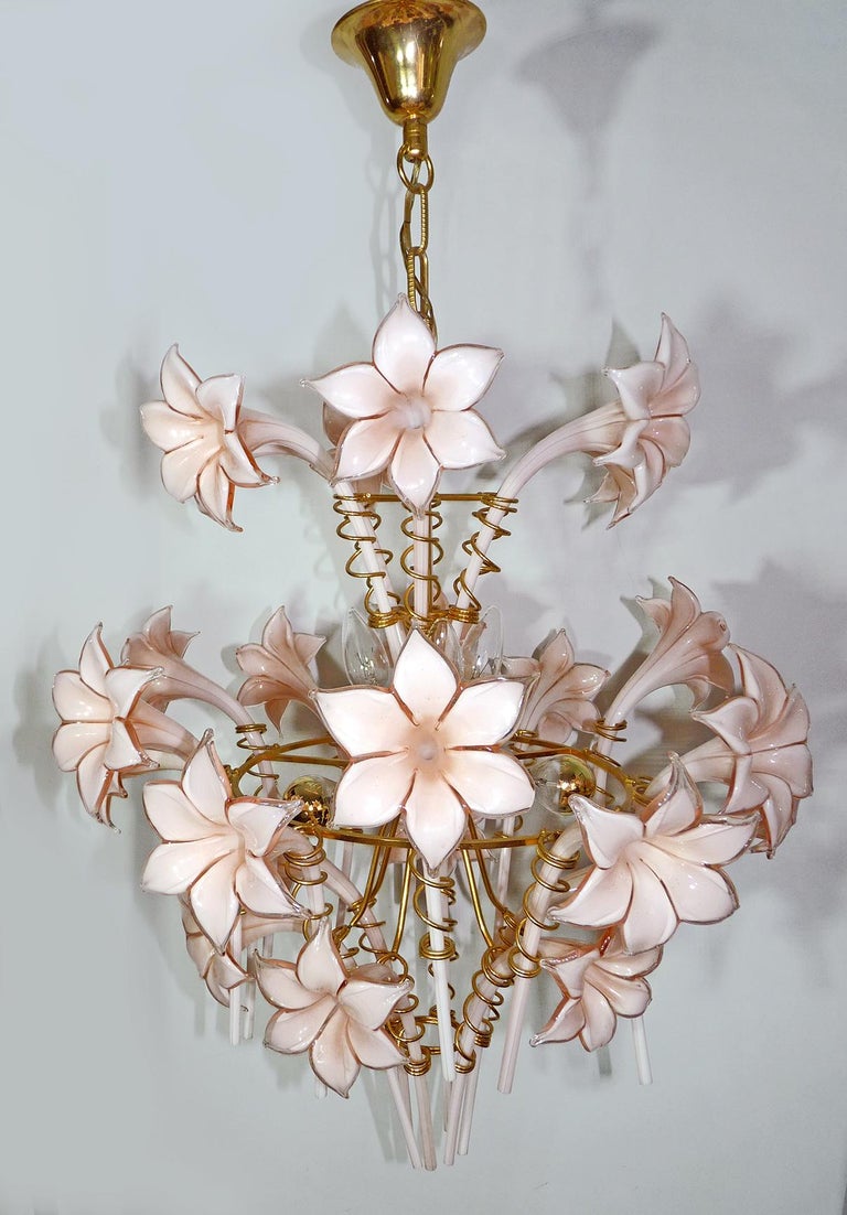 Large Murano Pink Lilly Sculptural Chandelier Franco Luce Art Glass and