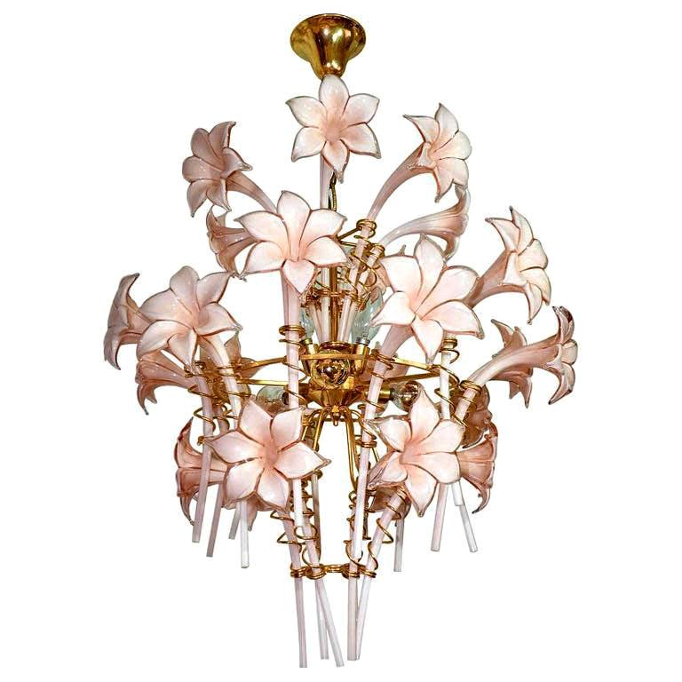 Large Murano Pink Lilly Sculptural Chandelier Franco Luce Art Glass & Gilt Brass