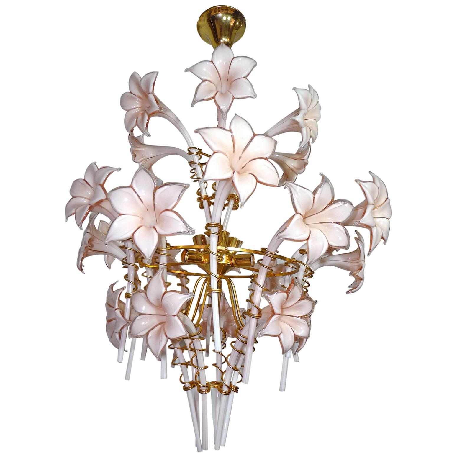 Large Murano Pink Lilly Sculptural Chandelier Franco Luce Art Glass & Gilt Brass For Sale