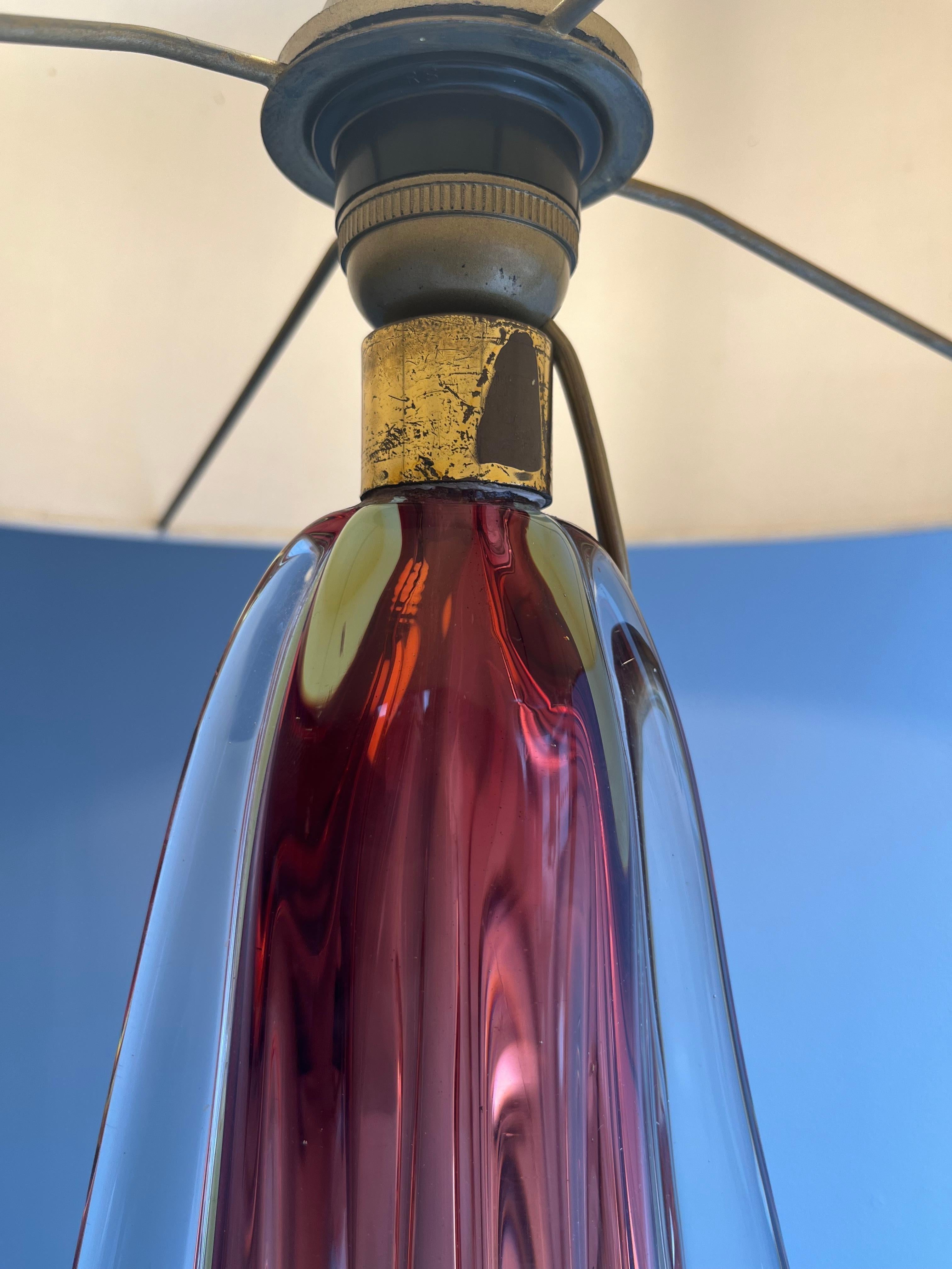 Grande lampe de table en verre vénitien Murano Seguso avec abat-jour en soie, Italie 1950 en vente 4