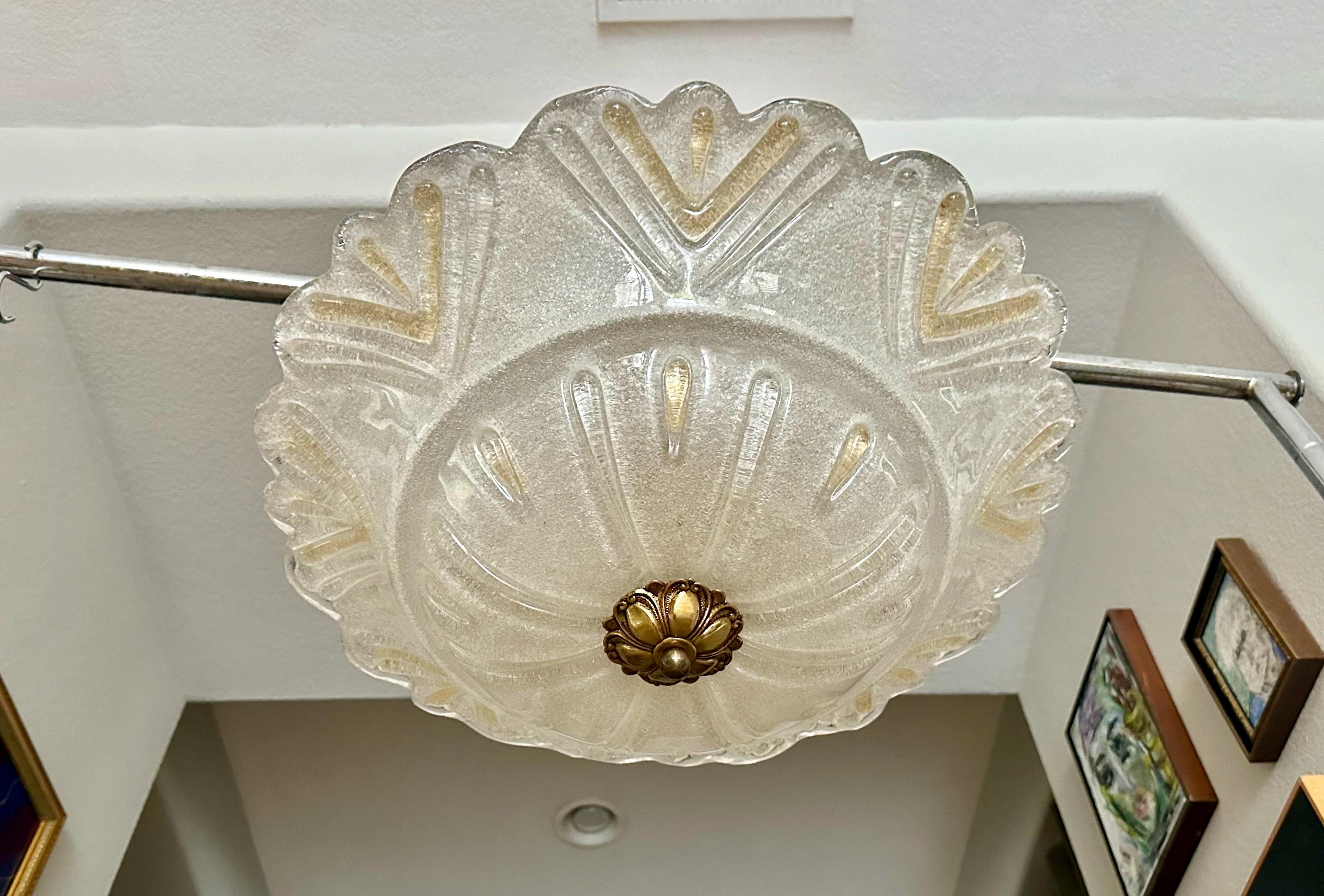 Large Murano clear with gold highlights glass flush mount ceiling light, done in the 