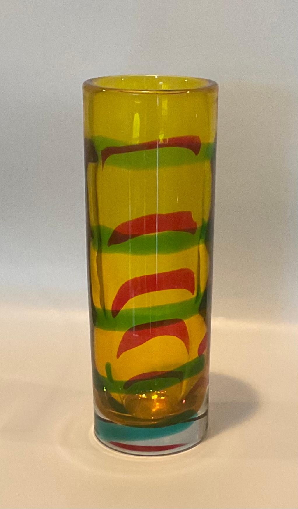 Large Murano Signed Art Glass Vase with applied vibrant stripes by Walter Furlan. Signed on the base as pictured.