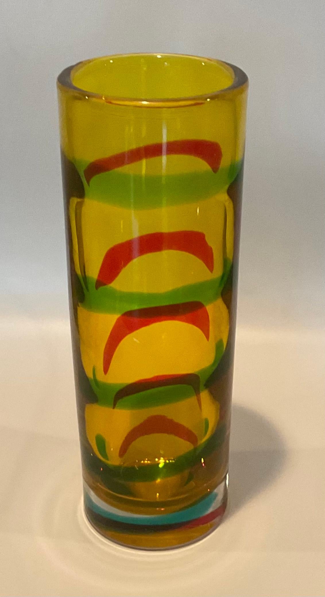 Mid-Century Modern Large Murano Signed Glass Vase with Applied Vibrant Stripes by Walter Furlan For Sale