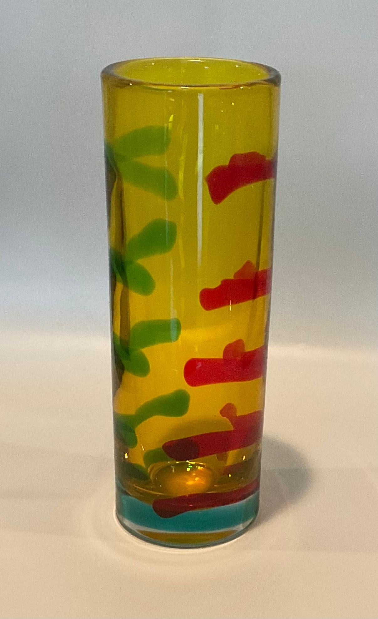 Italian Large Murano Signed Glass Vase with Applied Vibrant Stripes by Walter Furlan For Sale