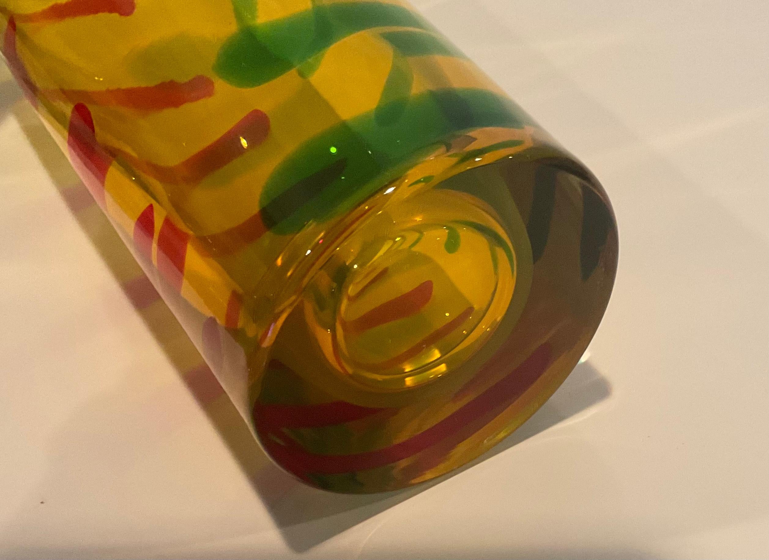 Large Murano Signed Glass Vase with Applied Vibrant Stripes by Walter Furlan In Good Condition For Sale In Ann Arbor, MI