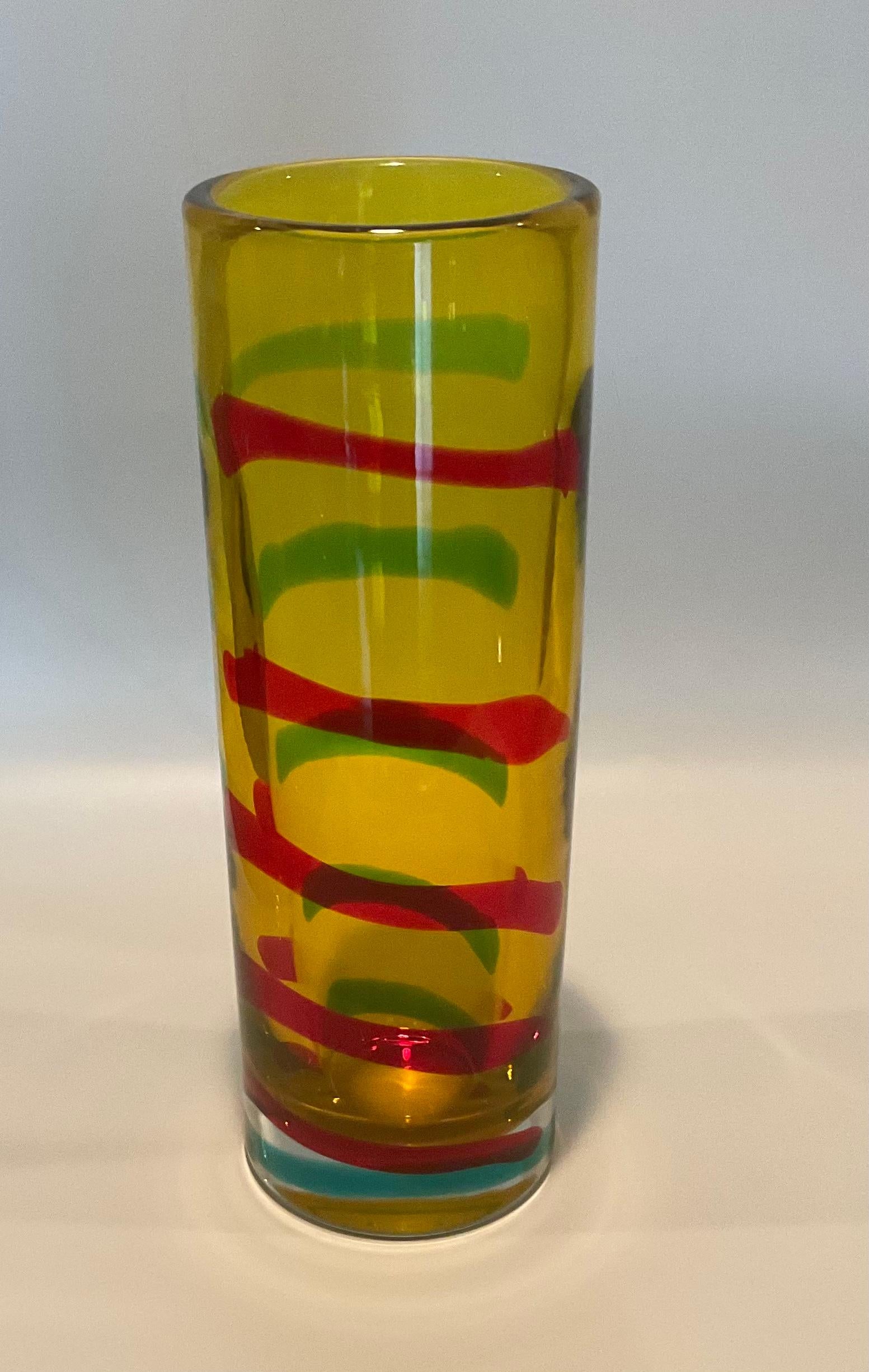 Art Glass Large Murano Signed Glass Vase with Applied Vibrant Stripes by Walter Furlan For Sale