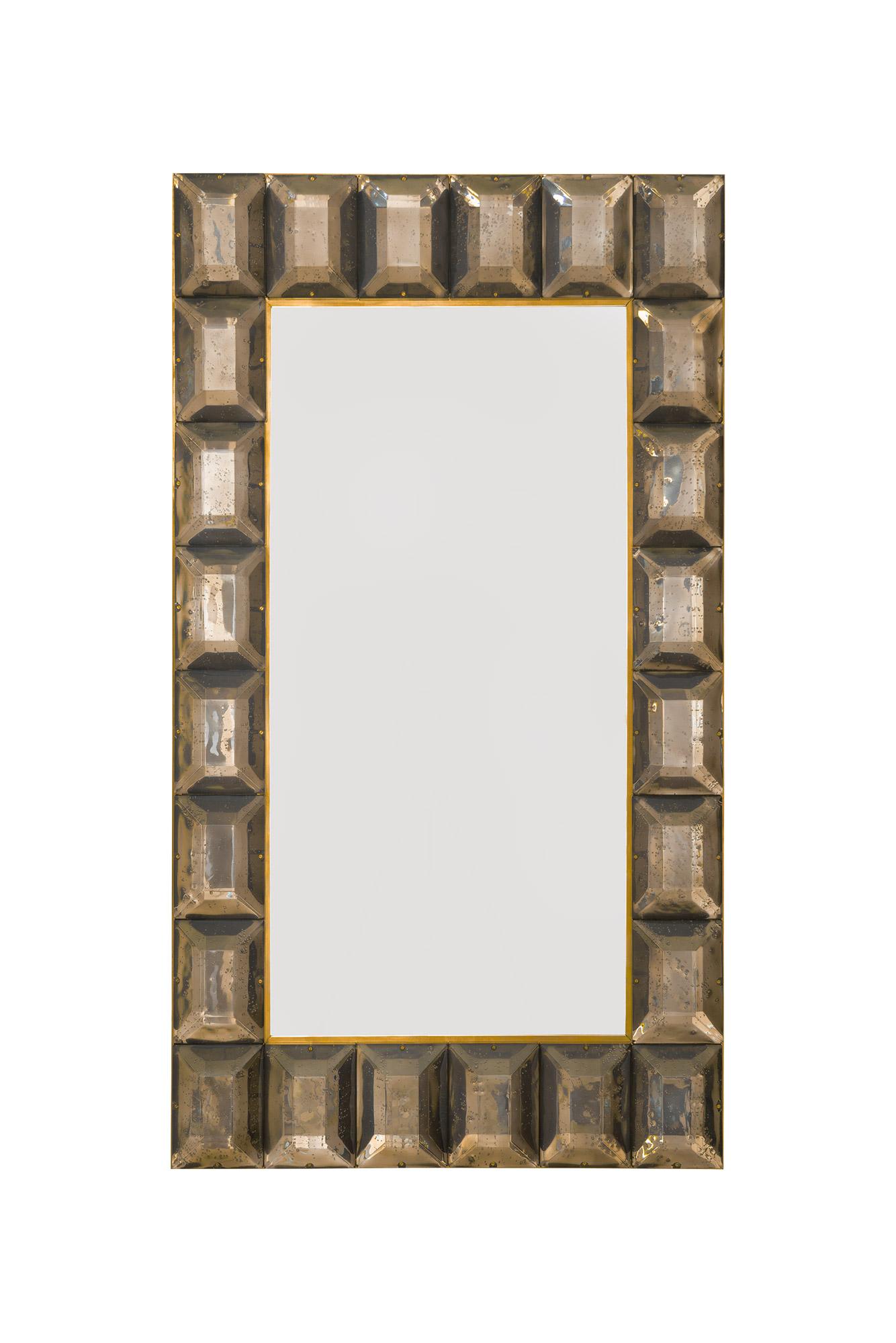  Large smoked diamond cut Murano glass mirror.
 Vivid and intense smoked or bronze glass block with naturally occurring  air inclusions throughout 
 Highly polished faceted pattern
 Brass gallery
 Luxury handcrafted by a team of artisans in Venice,