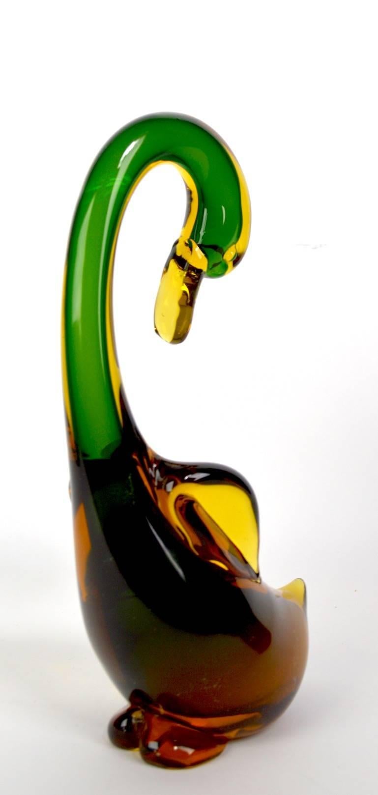 Large and dramatic Italian Murano Art Glass Duck, done in the Sommerso technique. This example is in perfect condition, no chips, cracks, scratches or damage, retains remains of small foil label.