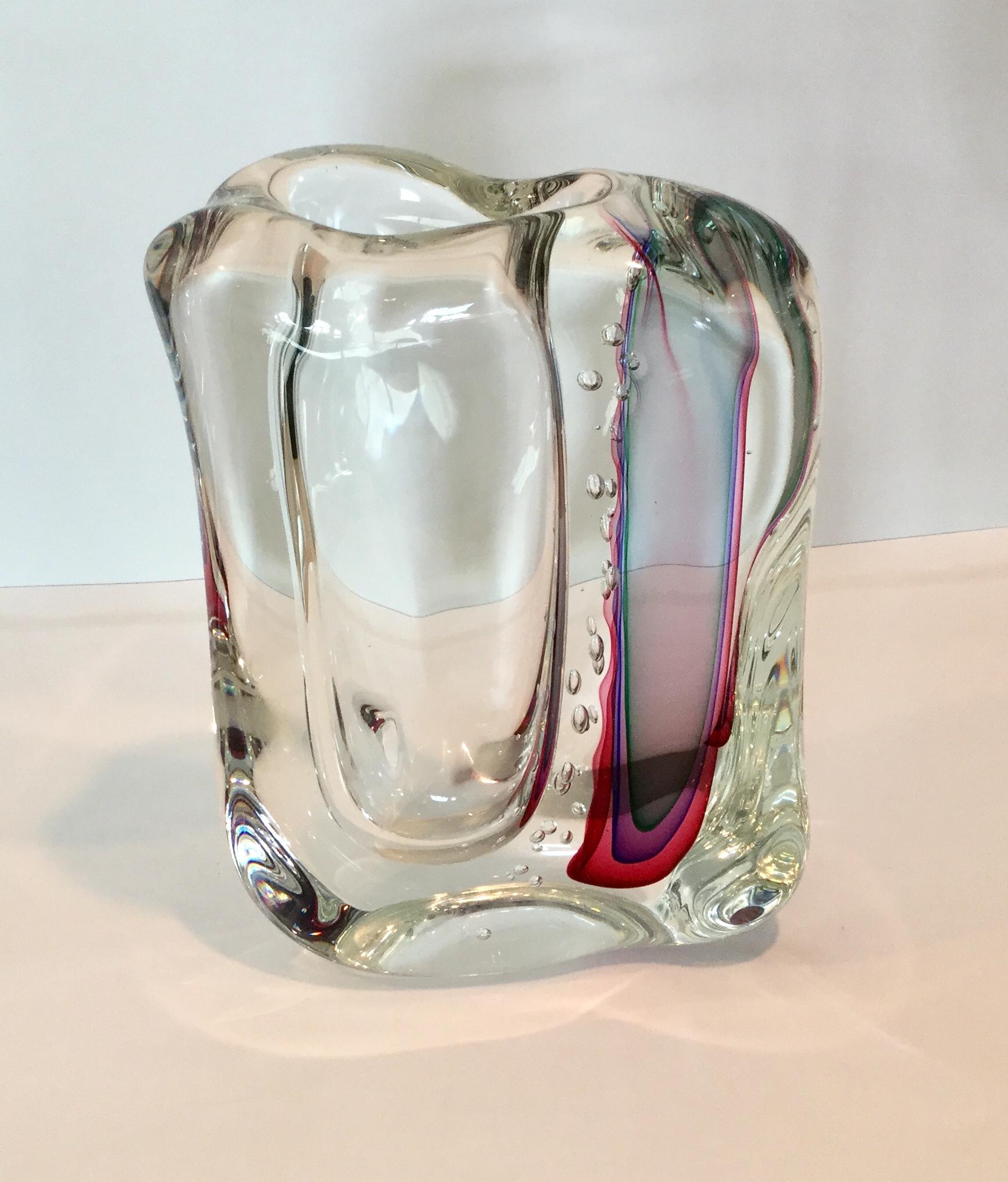 1970s Large Murano Sommerso vase with controlled bubbles.