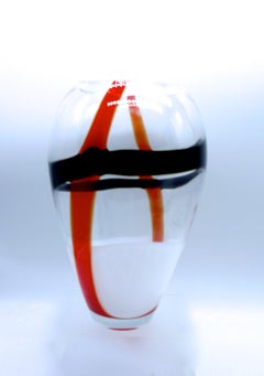 Large Murano Tri-Color Black, Red & White Ribbons on Clear Glass V Mason, 2000