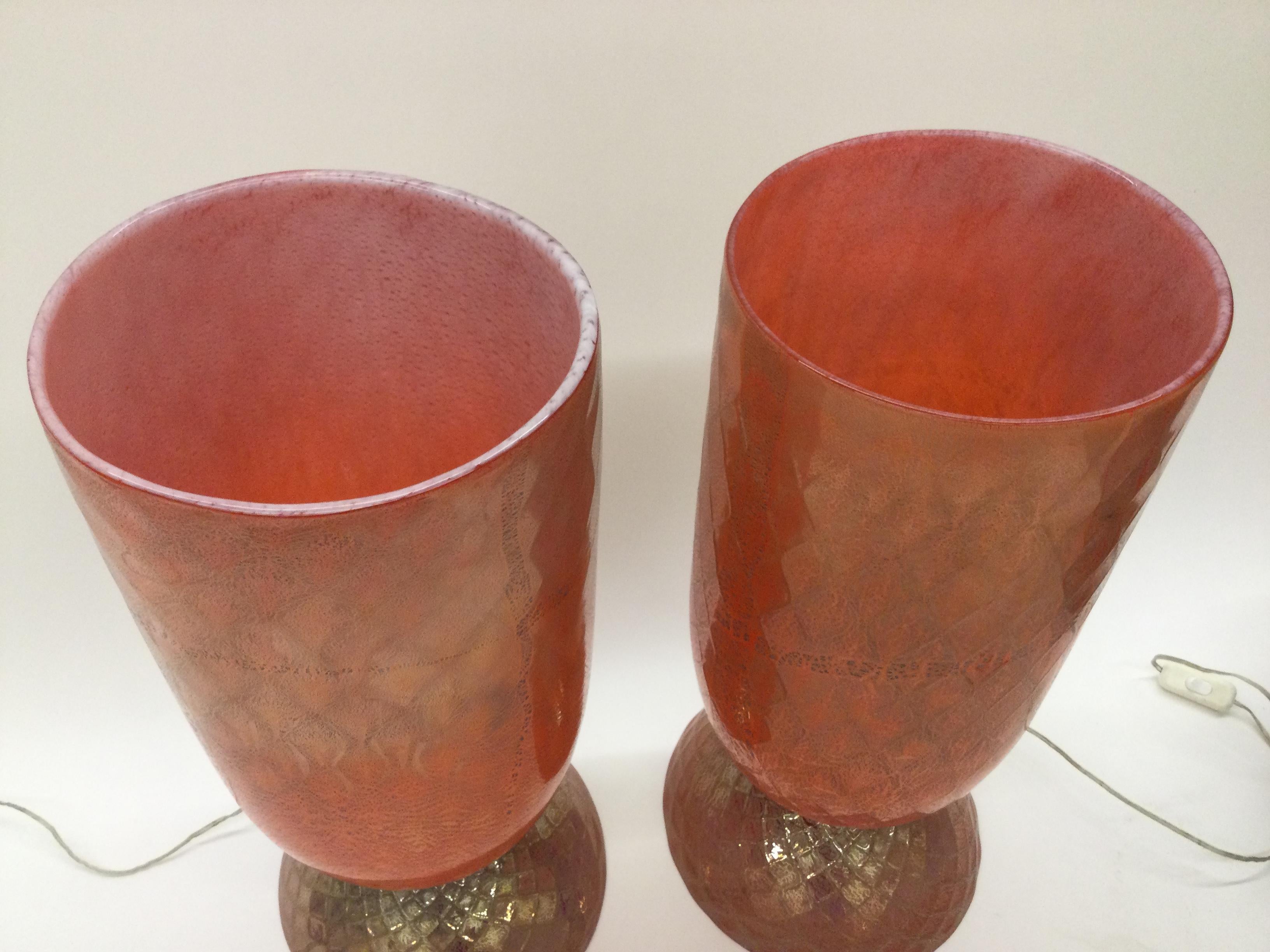 Mid-Century Modern Large Murano Urn Form Pair of Lamps with Amazing Decoration For Sale
