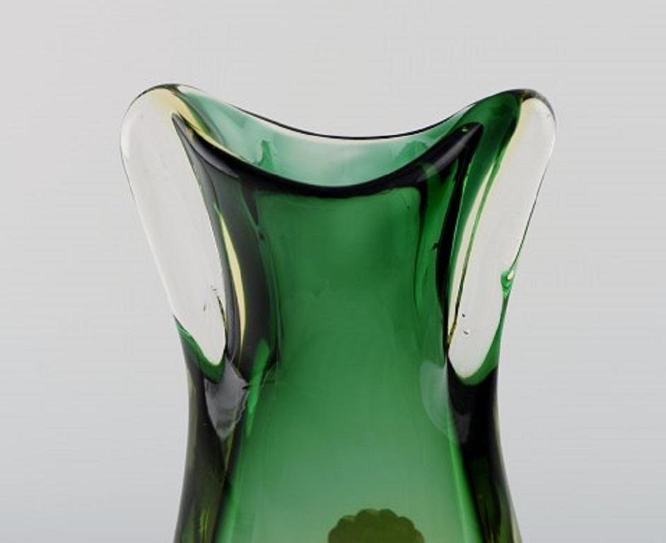 Mid-Century Modern Large Murano vase in green and clear mouth blown art glass. Italian design