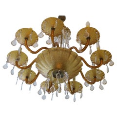 Large Murano Venetian Amber Glass and Brass Eight-Arm Chandelier