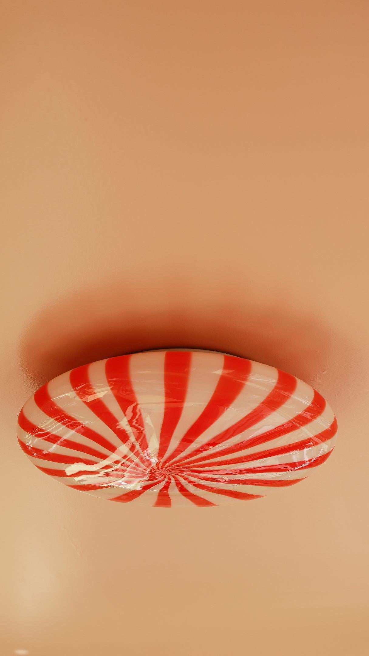 Italian Large Murano Vintage Candy Flush Mount wall ceiling lamp red white stribes For Sale