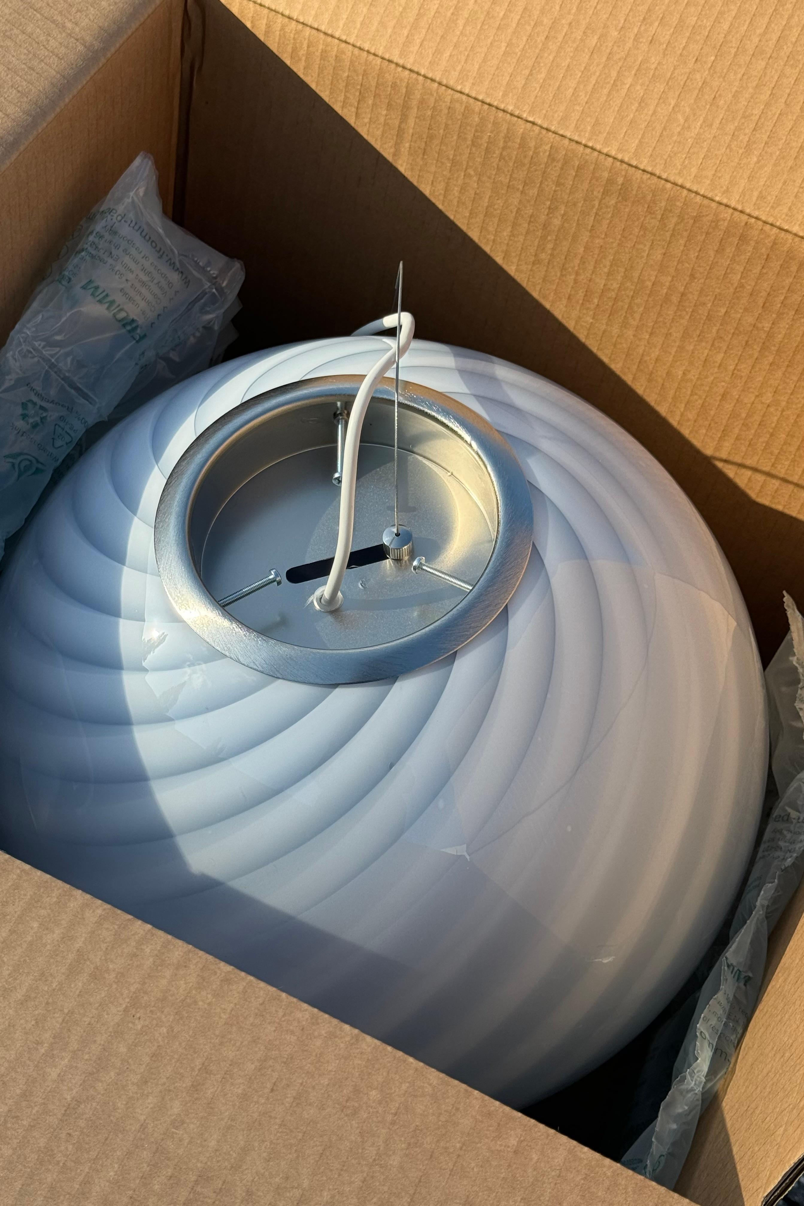 Italian Large Murano Vintage Candy round pendant soft blue swirl glass, made in Italy For Sale