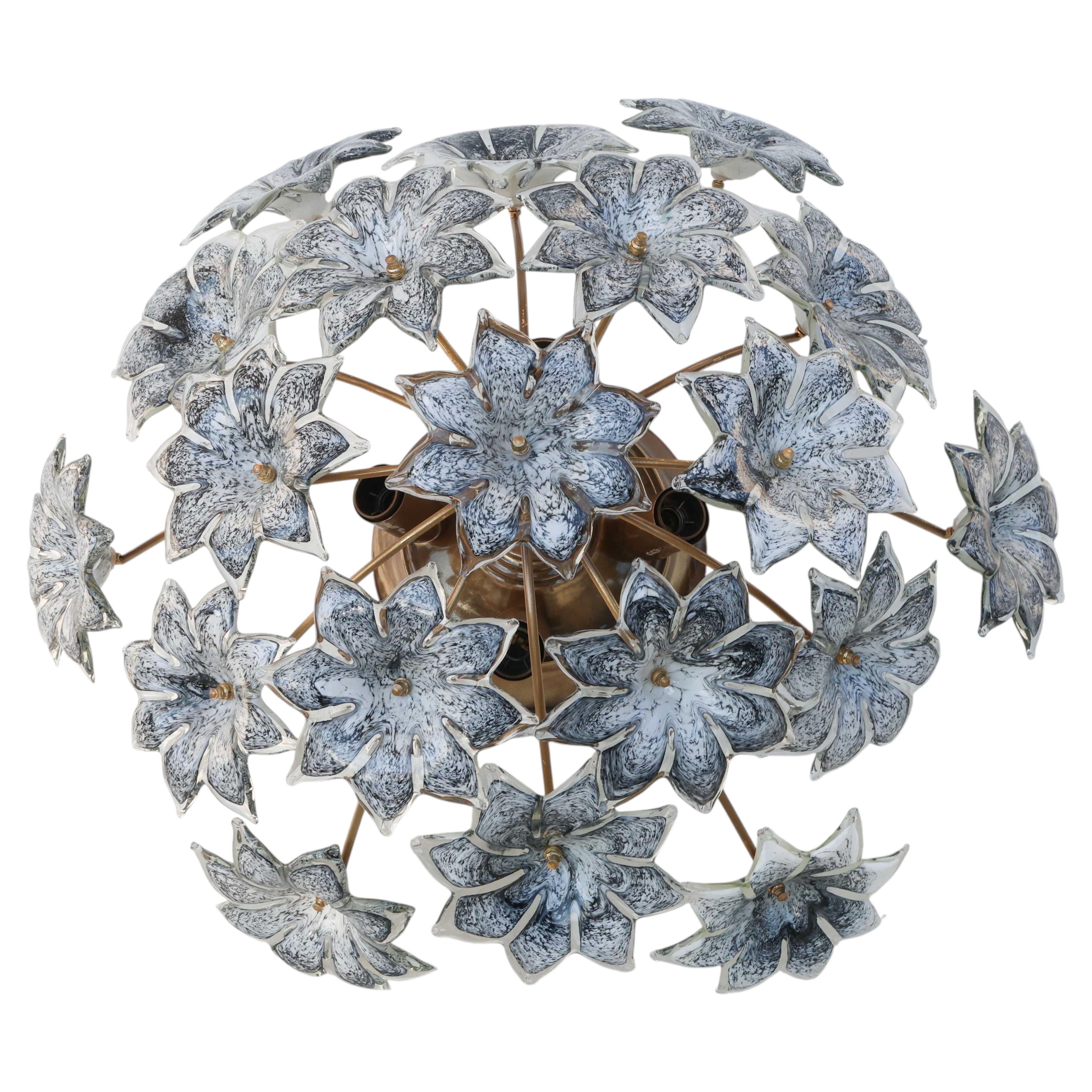 Large Murano Vintage Ceiling Light Black Flowers, 1970s For Sale
