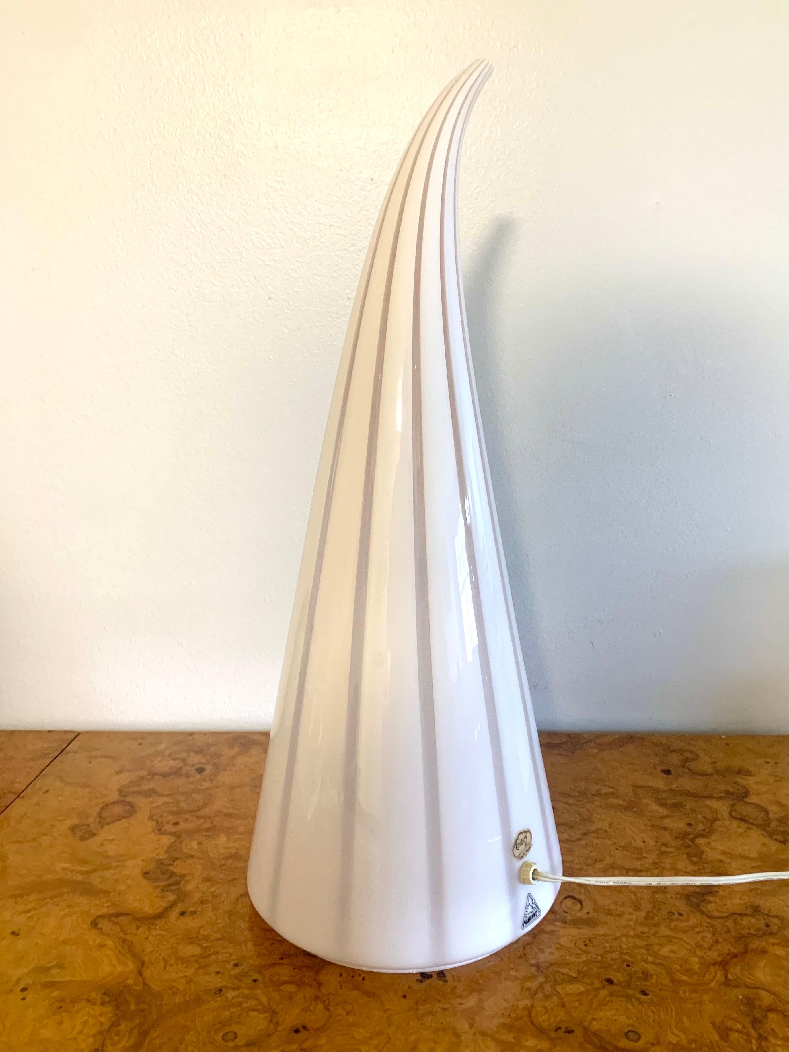 Italian Large Murano White Striped Horn Shape Table Lamp For Sale